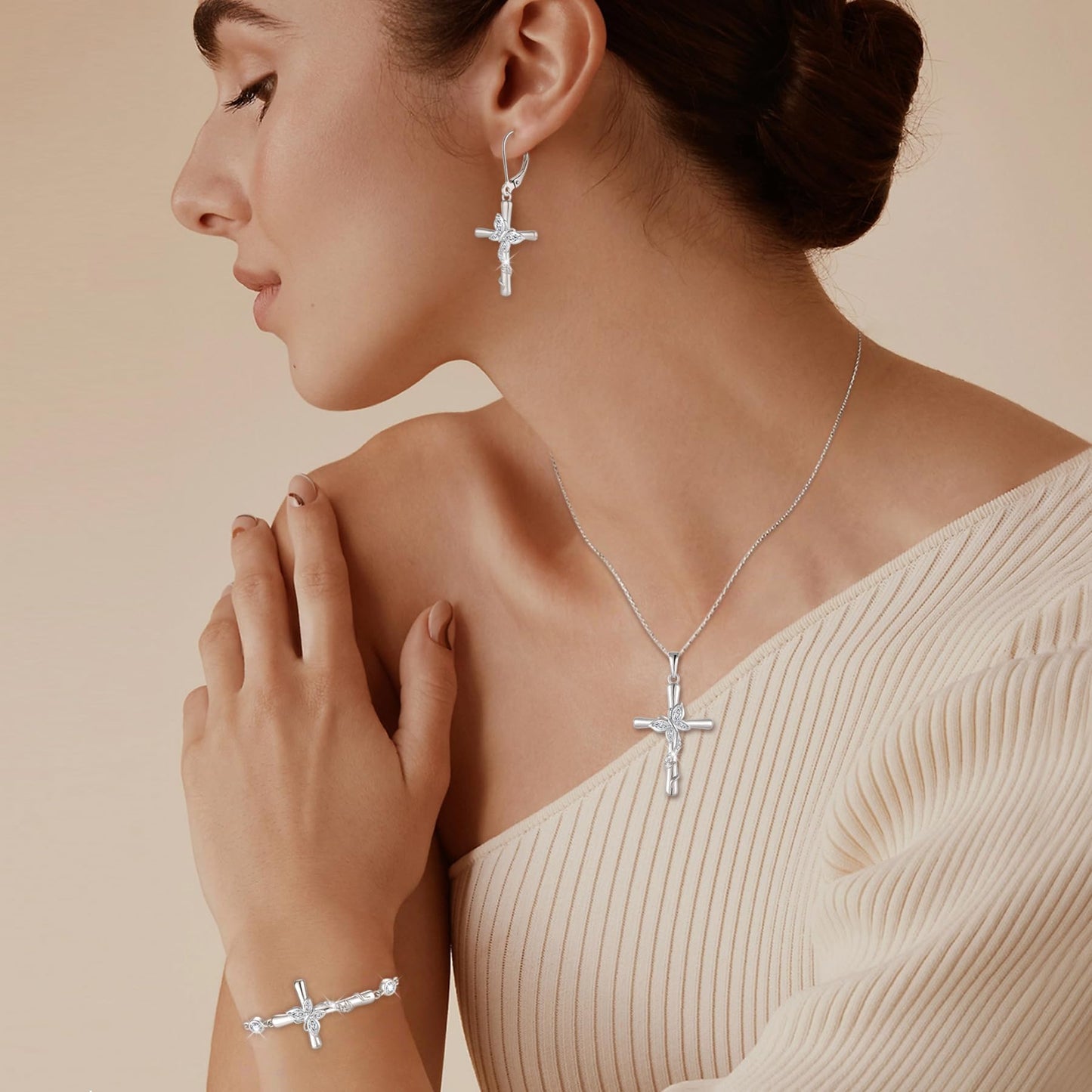 Blaniy Cross Necklace for Women 925 Sterling Silver Butterfly Necklace April Birthstone Pendant Necklaces with Cubic Zirconia Jewelry Gifts for Women