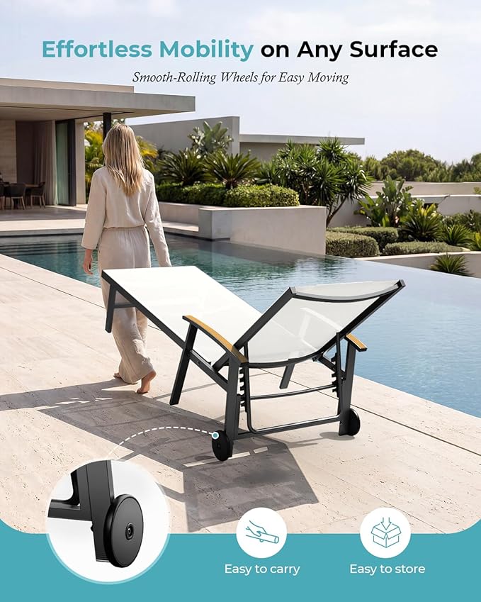 Ciokea Outdoor Lounge Chair with Pillow, 5-Position Aluminum Chaise Lounge with Wheels & Armrests, 400 lbs Heavy Duty Patio Pool Chair for Deck, Backyard, Beach & Poolside, White