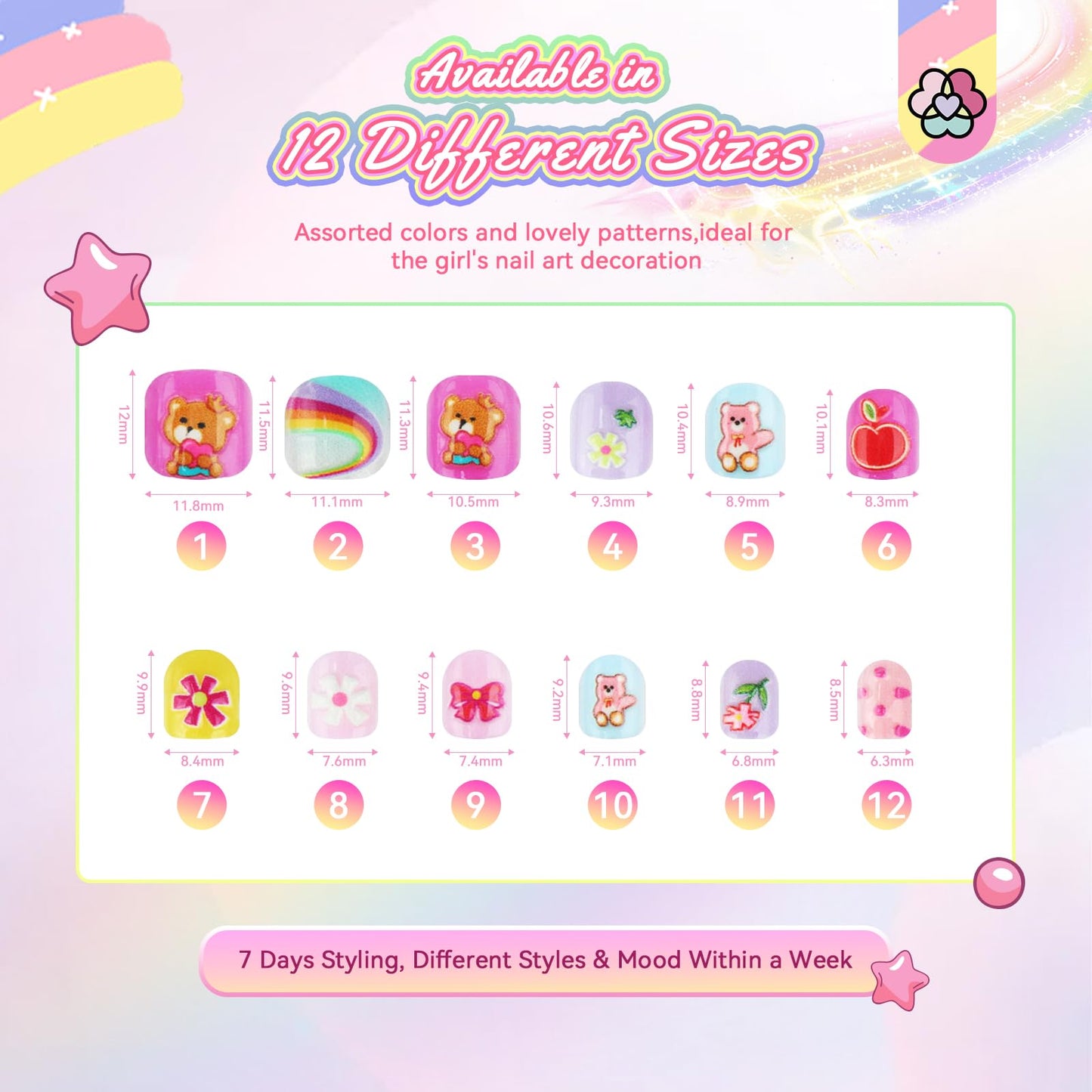 SAVILAND 3D Press on Nails for Kids: 7 Pack Kid Press on Nails for 5-9 Years Pre Glue Full Cover Short Kids Fake Nails Stick On Children Artificial False Nail Tips Fingernails Gifts for Kid