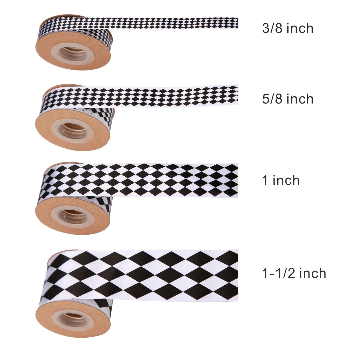 Meseey 4 Rolls Total 20 Yards Black & White Diamond Check Satin Ribbon, Harlequin Plaid Ribbons for Gift Wrapping, Crafts, Weddings & Party Decor