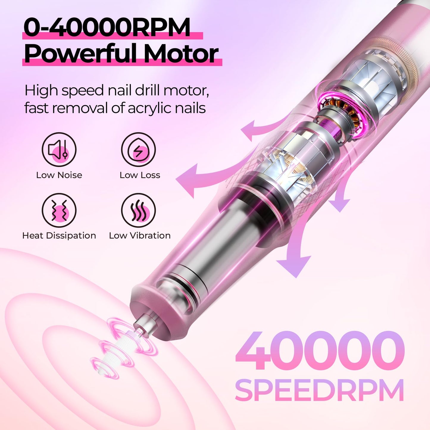 JOSGLOI Electric Nail Drill Professional: Shiny 40000RPM Electric Nail File Kit E File Nail Drill Machine with LCD Display for Acrylic Gel, Manicure Pedicure Polishing Grinder for Salon Home, Diamond