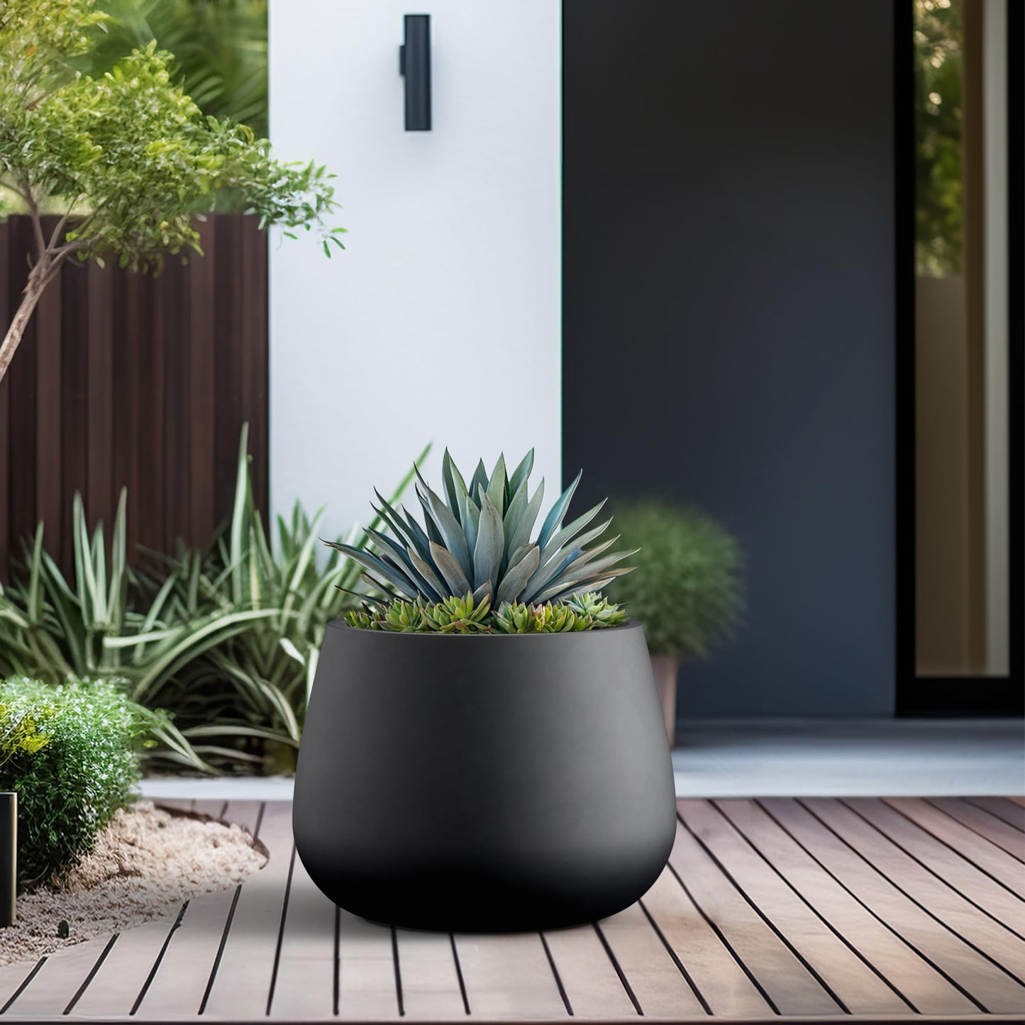 Kante 18.1" Dia Round Concrete Planter, Curva Style Garden Pot with Drainage Hole for Indoor & Outdoor Plants, Ideal for Tree, Flowers, Shrubs, Black Finish with Painted Interior