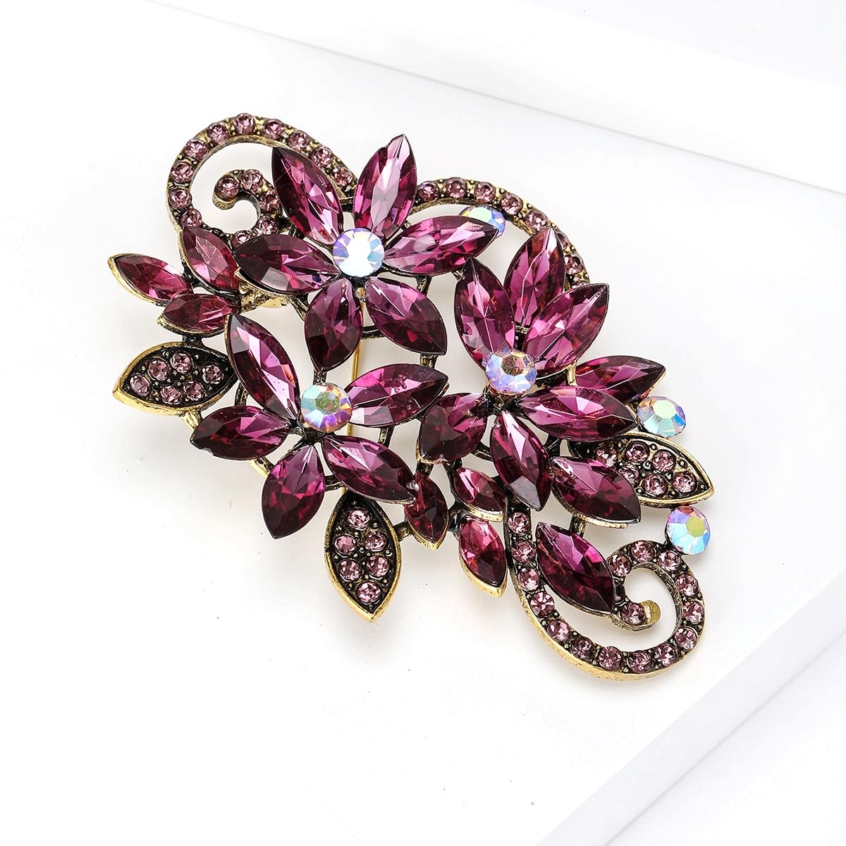 YOQUCOL Vintage Purple Austrian Crystal Rhinestone Flower Shape Brooch Pin For Women