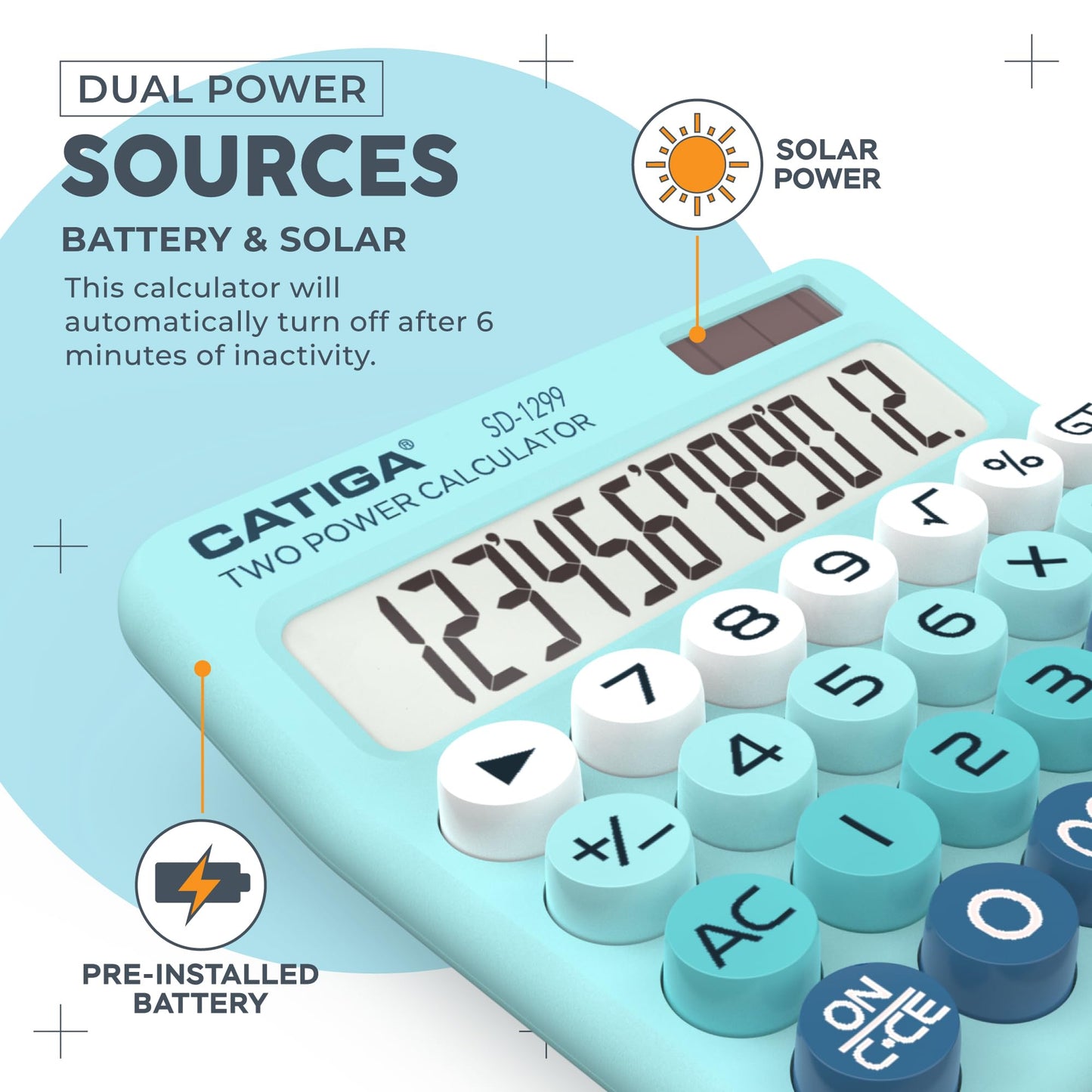 CATIGA Mechanical Switch Calculator with Solar and Battery Dual Power, 12-Digit Large LCD Display, Aesthetic and Cute Desktop Calculator with Big Button, for Home, School and Office Use, SD-1299