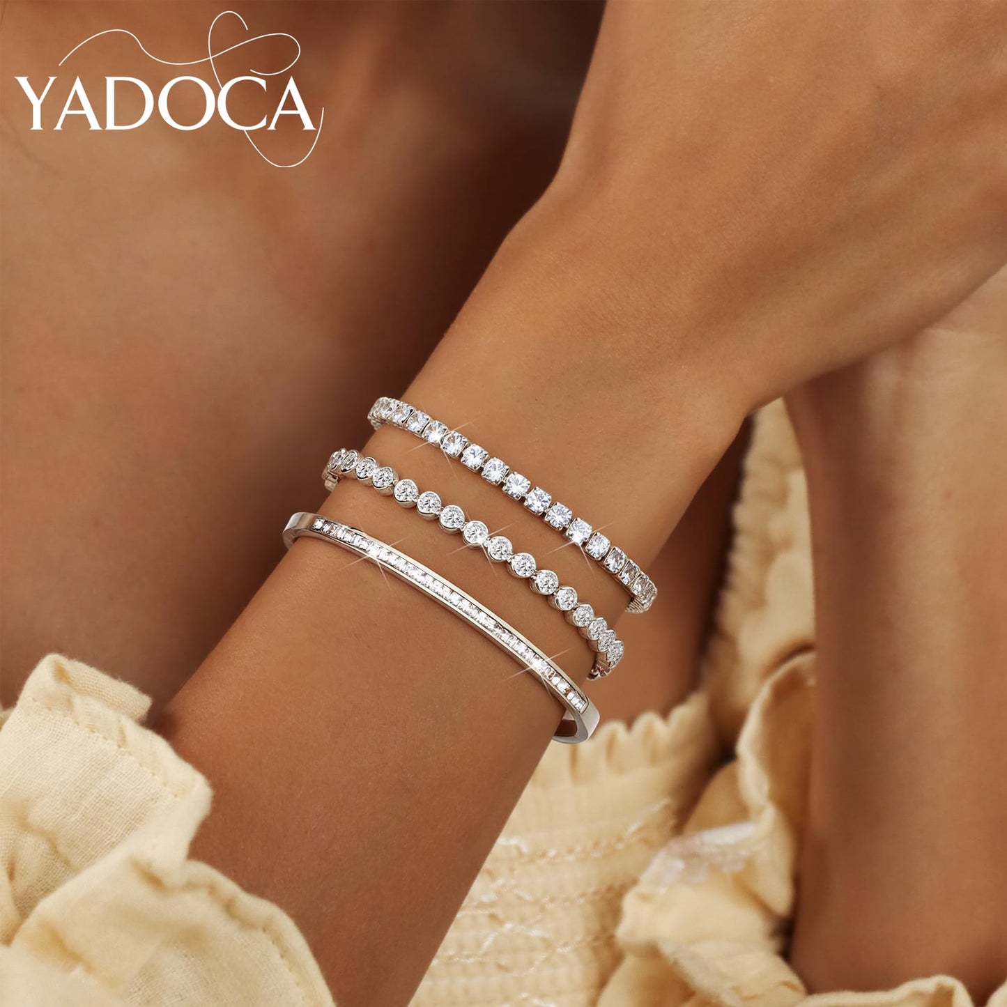 YADOCA Tennis Bracelets for Women Bangle Bracelet Set Silver Bracelets for Women Stackable Cubic Zirconia CZ Diamond Bracelets Stack Wedding Jewelry for Brides Dainty Gift Sizes 6.5-7.5 Inch 3Pcs