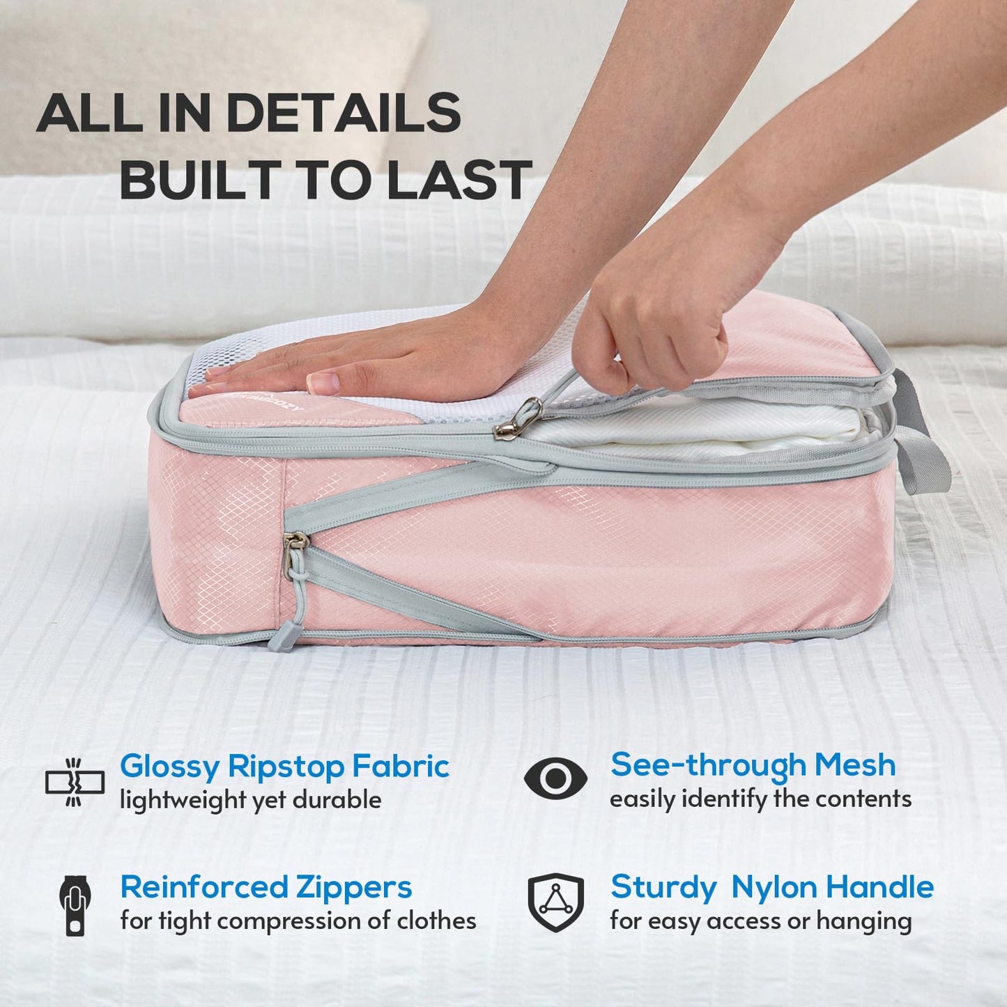 Compression Packing Cubes, 9 Set Packing Cubes for Travel Compression, Lightweight Compressible Package Organizer for Carry On and Suitcases, Pink