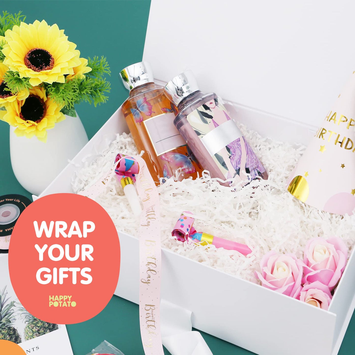 HAPPY POTATO 5 Large Gift Boxes with Lids and Ribbon 13.5x9x4.1 Inches, Bridesmaid Proposal Boxes, Magnetic White Gift Boxes for presents (Glossy White, Pack of 5)