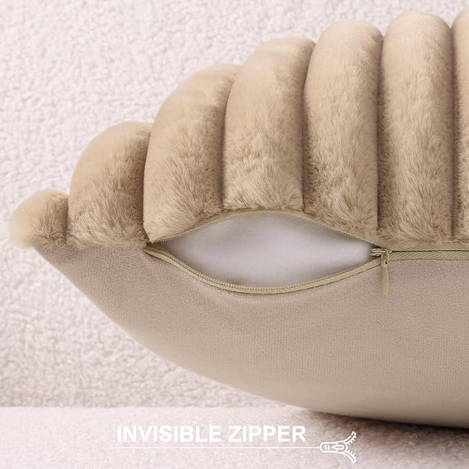 Pallene Faux Fur Plush Throw Pillow Covers 26x26 Set of 2, Luxury Soft Fluffy Striped Decorative Pillow Covers for Sofa, Couch, Living Room, Khaki