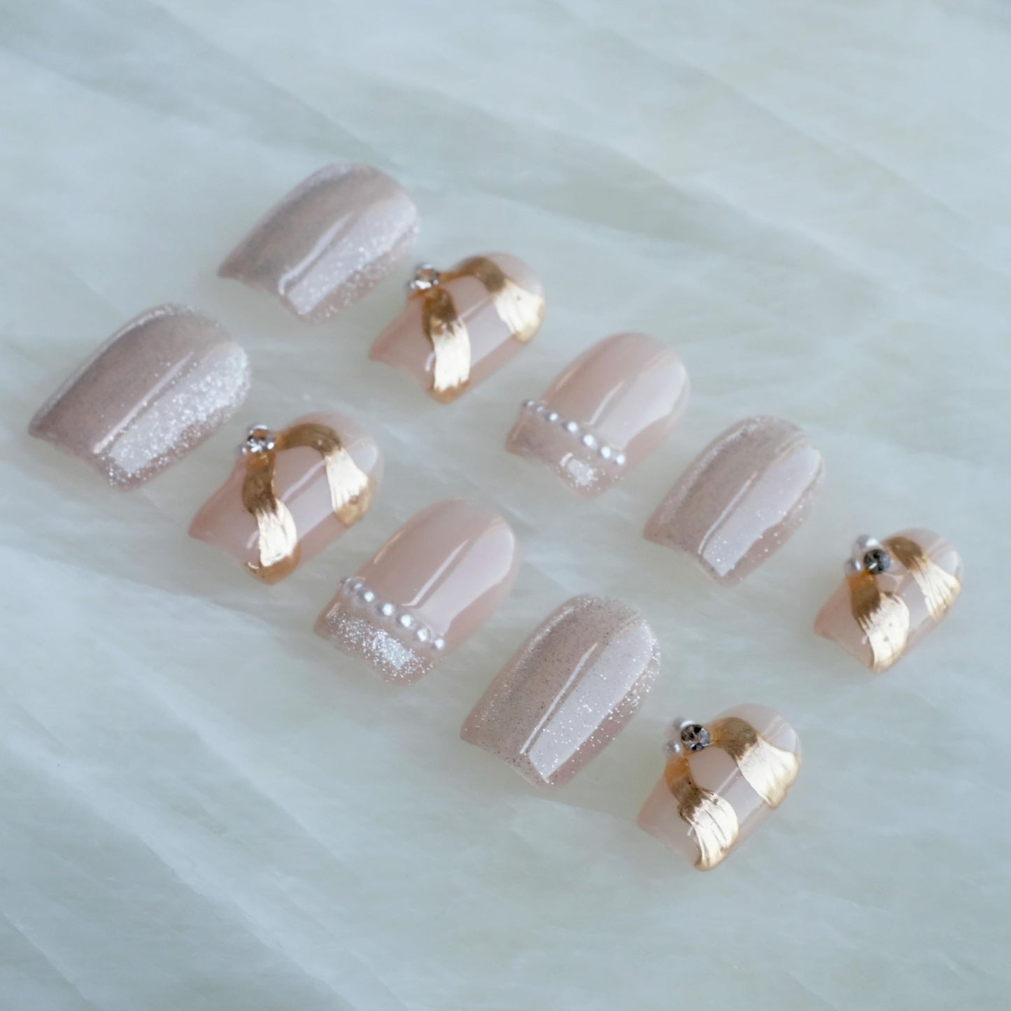 [GLORS] Purely Handmade Press On Nails | Elegant French Pink Pearl Gold Fake False Nail | Salon Quality in Short Square shape, 10 pieces (Medium, SS)