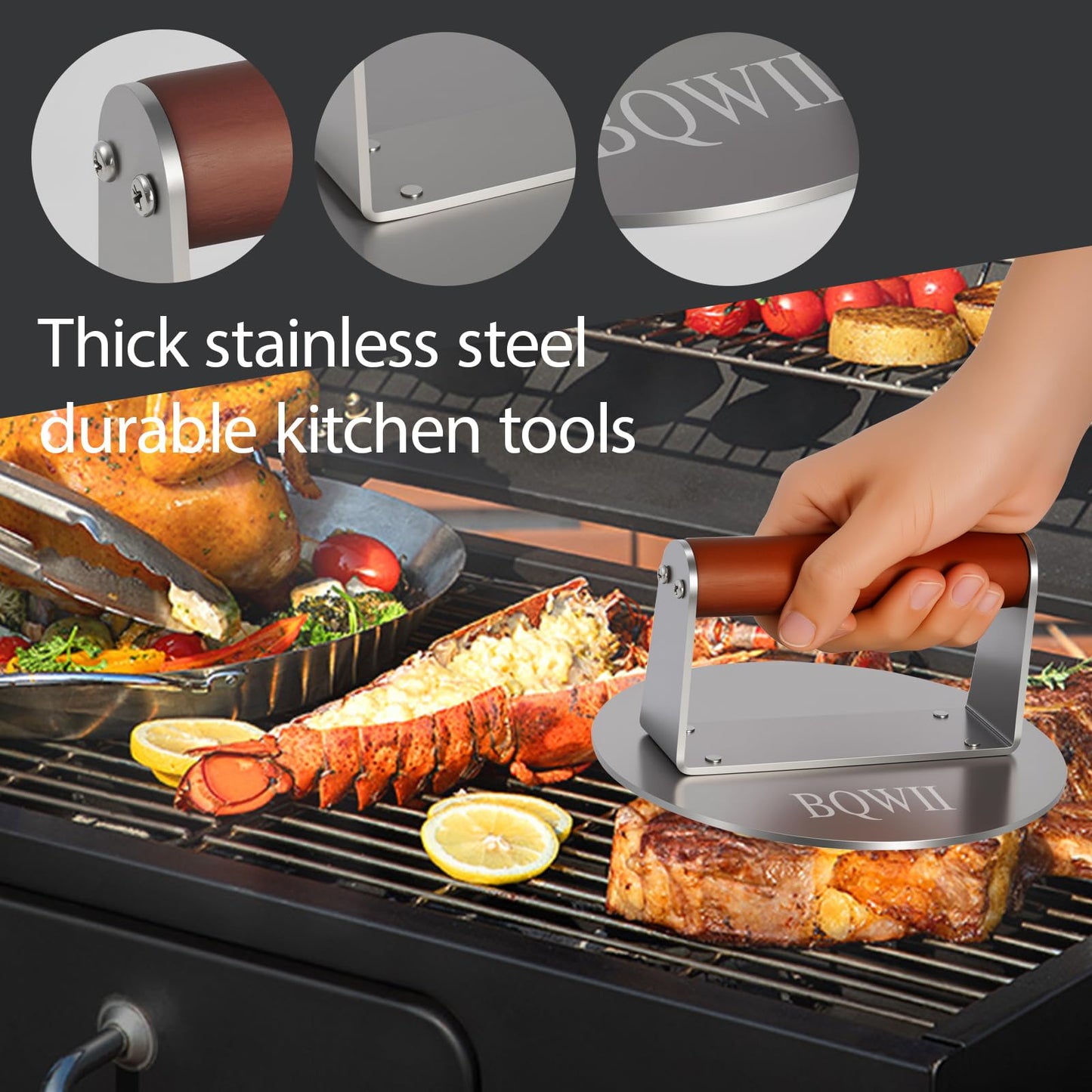BQWII 6.3inch Burger Press, Round Stainless Steel Meat Patty Pressing Tool, Suitable for Burger Patties, Steaks, BBQ, Bacon,Baking, Grill Press with Wood Handle