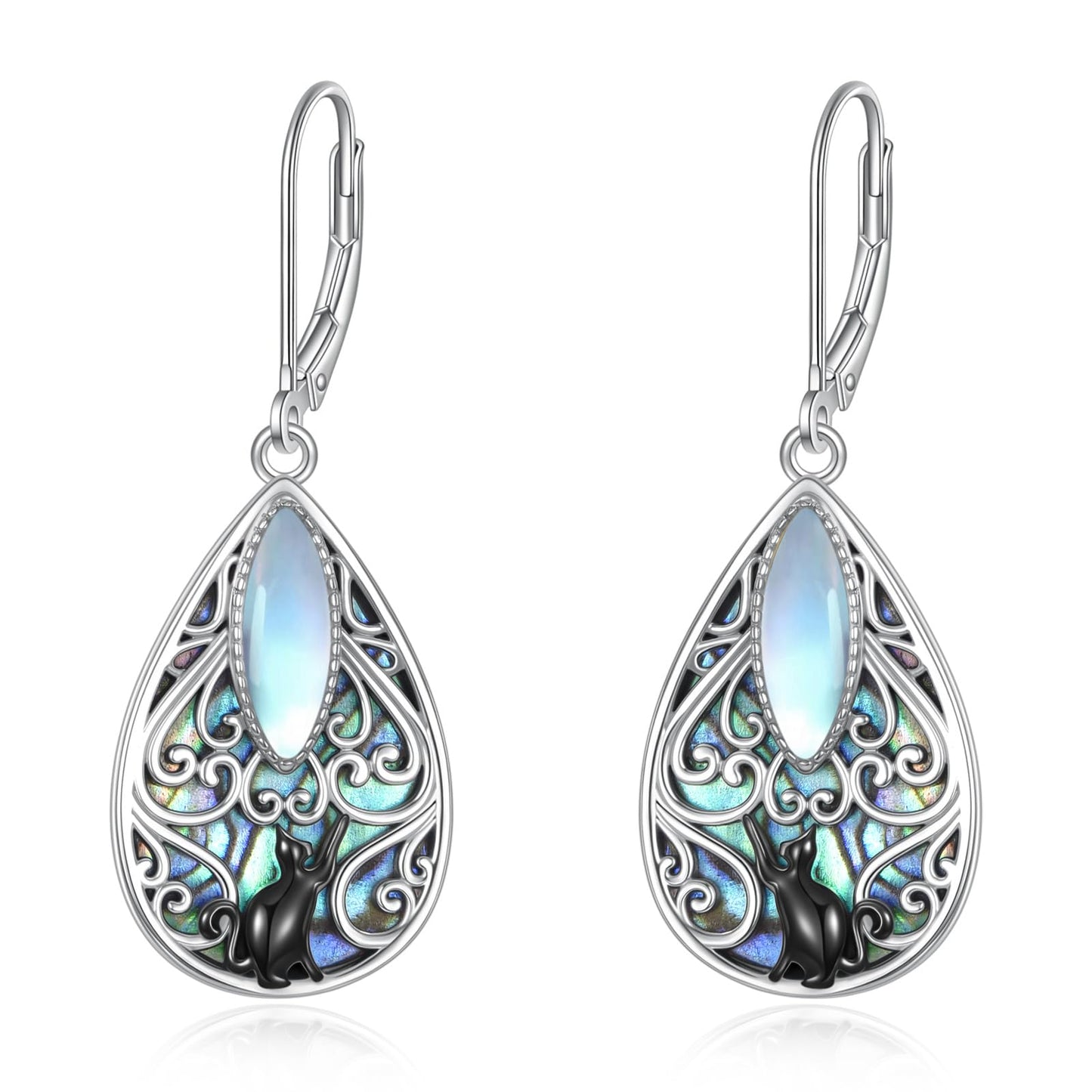 Cat Filigree Earrings Sterling Silver Teardrop Abalone Shell Drop Dangle Earrings Filigree Leverback Earrings Jewelry