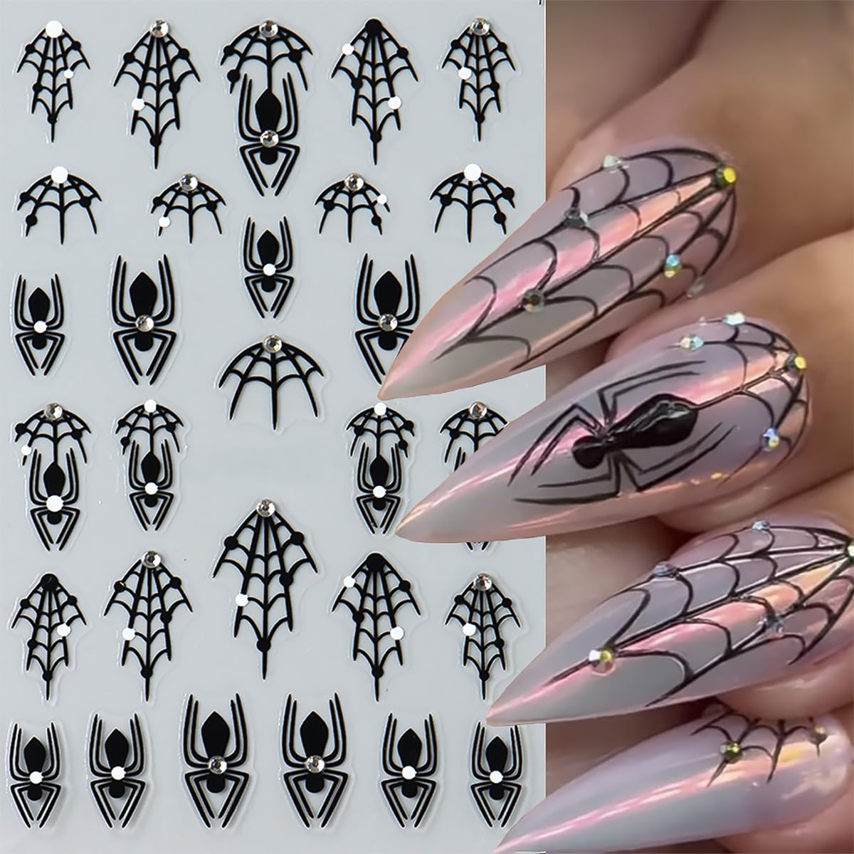 4 Sheets Halloween 5D Embossed Spider Nail Stickers for Nail Art Exquisite Glitter Rhinestones Nail Design Stickers Self-Adhesive Evil Eye Nail Decals Holiday Nail Art Decoration for Women DIY Set