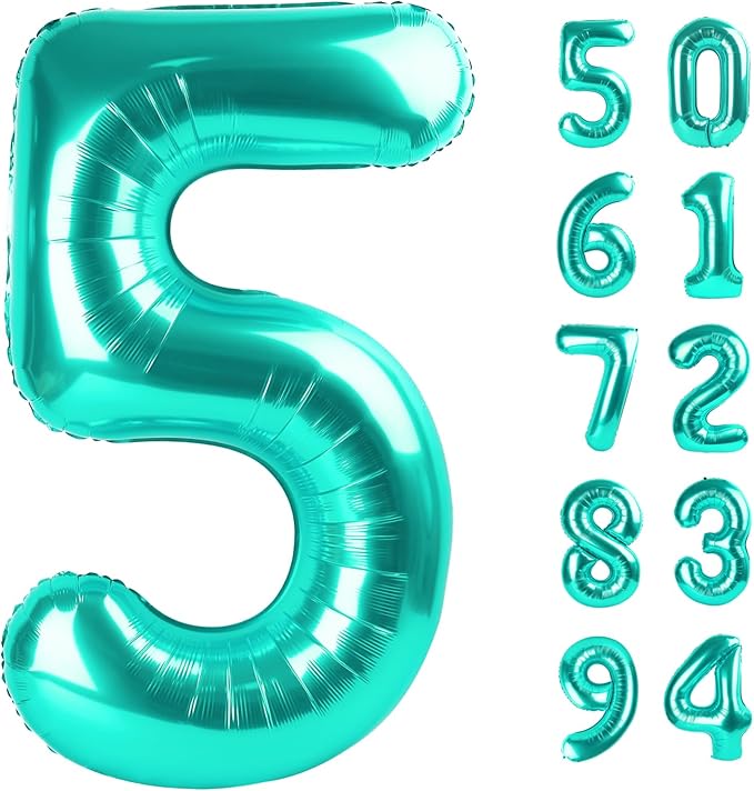 Teal 5 Balloon, Number Balloons 40 Inch, 5th Birthday Balloon Decorations, Teal Party Supplies, 5 Number Balloons, Number 5