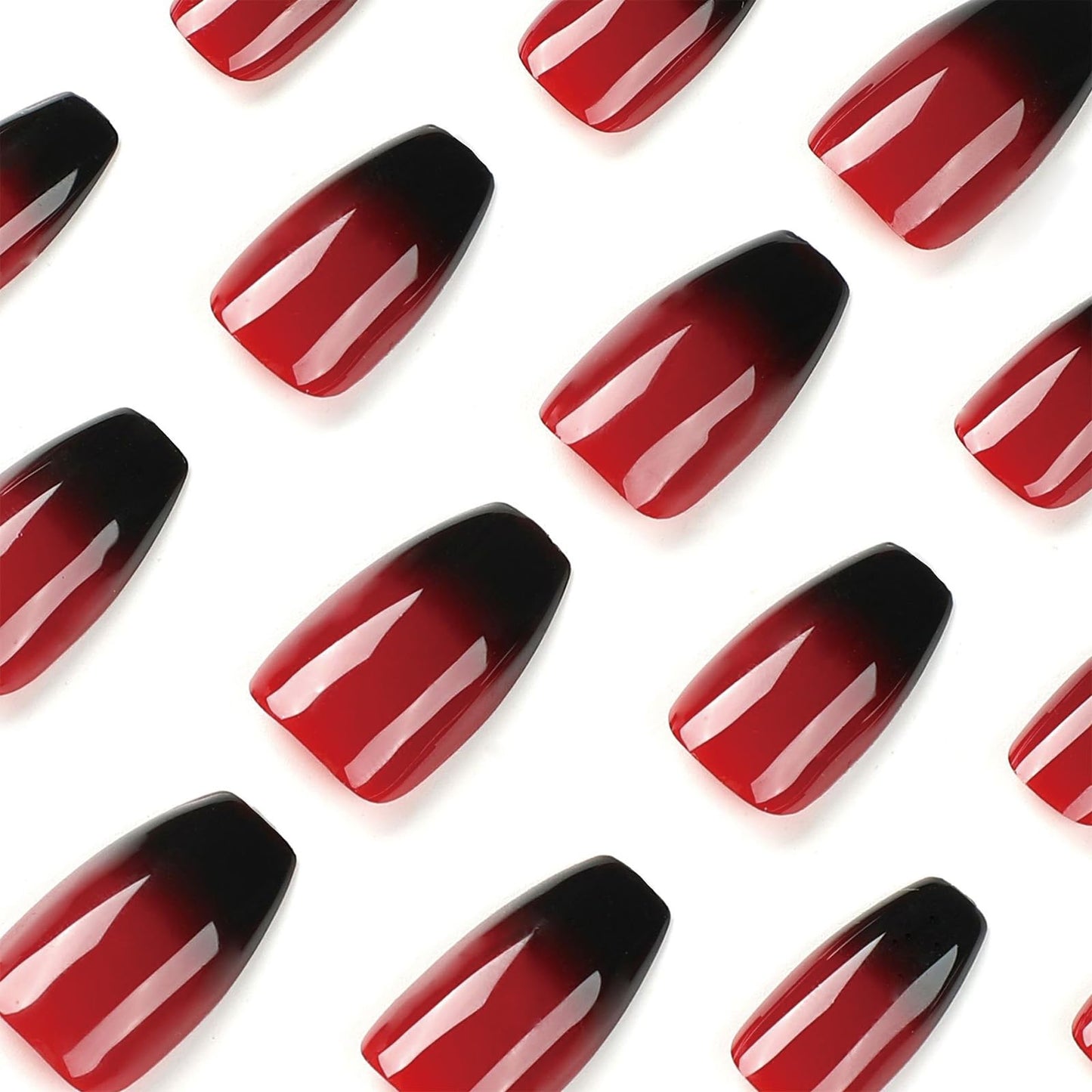 SINHOT Medium Press on Coffin Fake Nails - Black Red Goth Ballerina Acrylic Glossy Glue on Stick on False Nails with Design - 24pcs