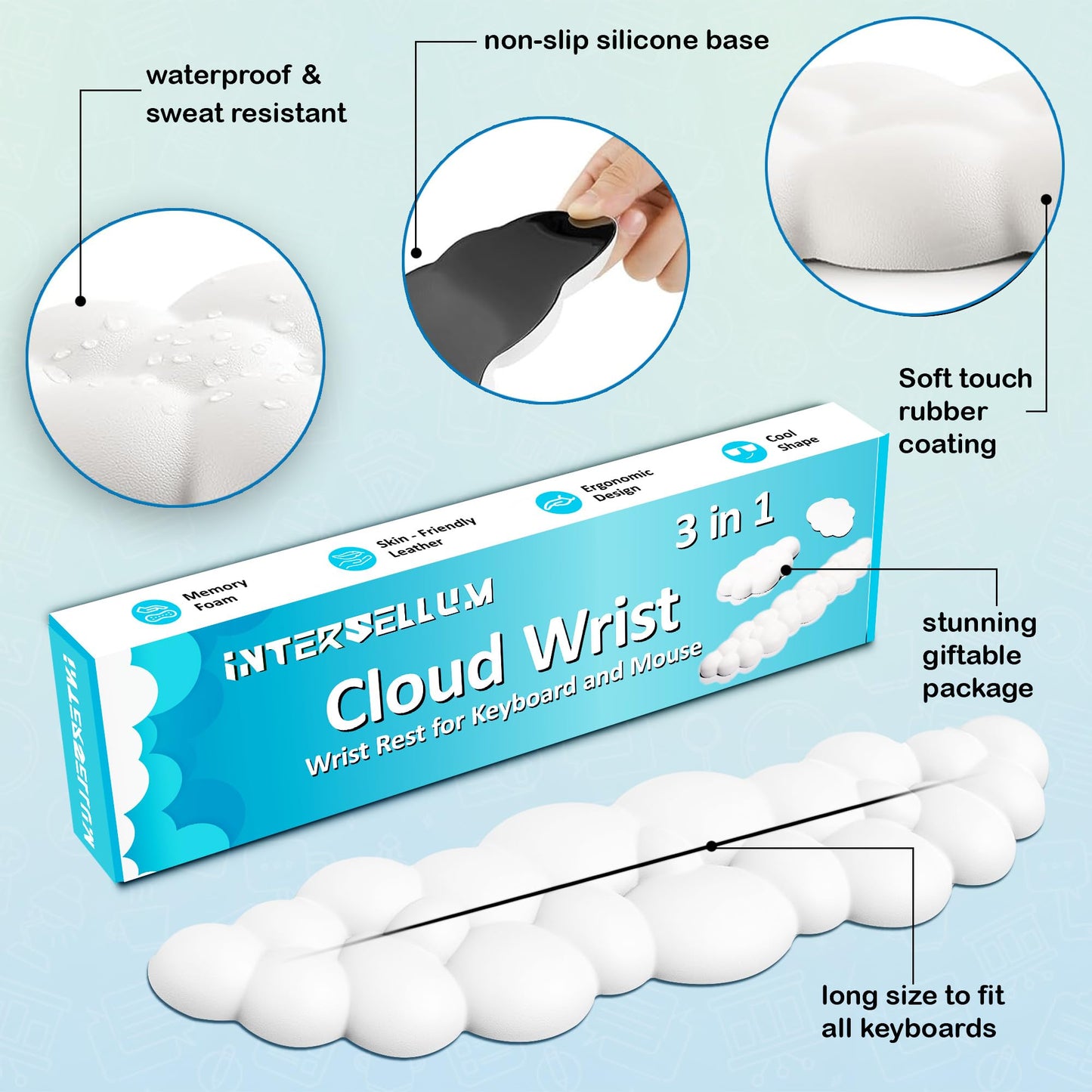 Cloud Keyboard Wrist Rest & Mouse Pad Set for Typing Comfort – Ergonomic Memory Foam Wrist Support with Non-Slip Base, Soft Cloud Wrist Pad for Computer, Laptop, Office Work, Gaming & Home Desk