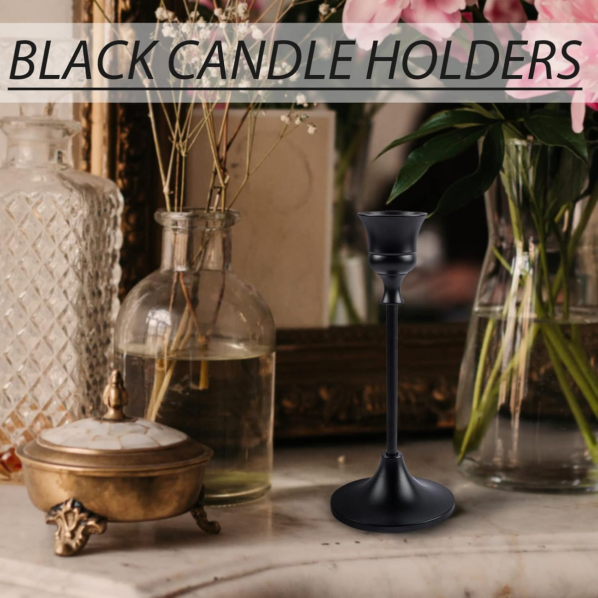 Vintage Black Candelabra Candle Holders for Fireplace & Dining