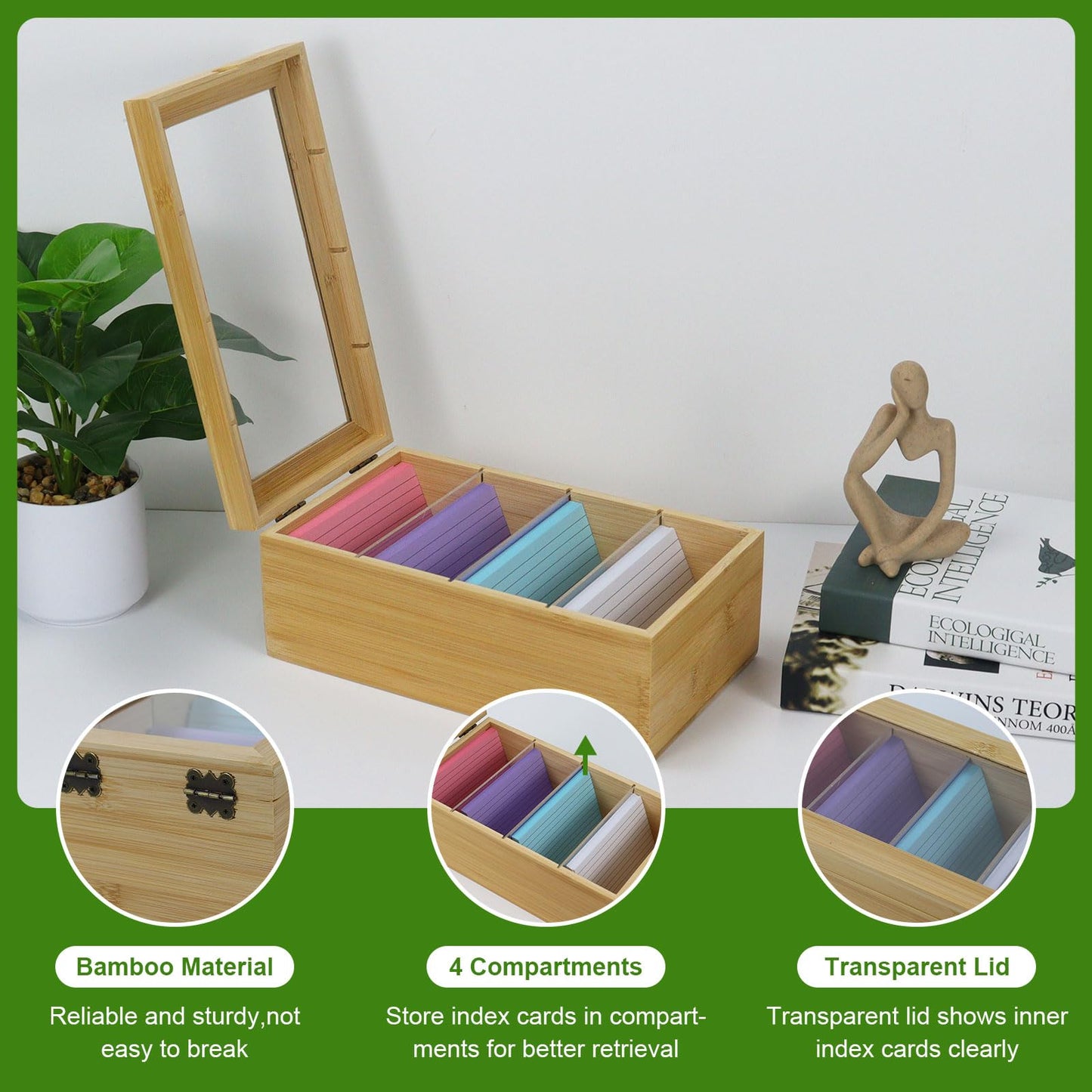 MultiBey Bamboo Index Card Box Organizer, 3x5 Inch with 300 Lined Cards & 3 Acrylic Dividers, Index Cards Storage Kit - Wood Recipe Box With Lid for Home & Office Study