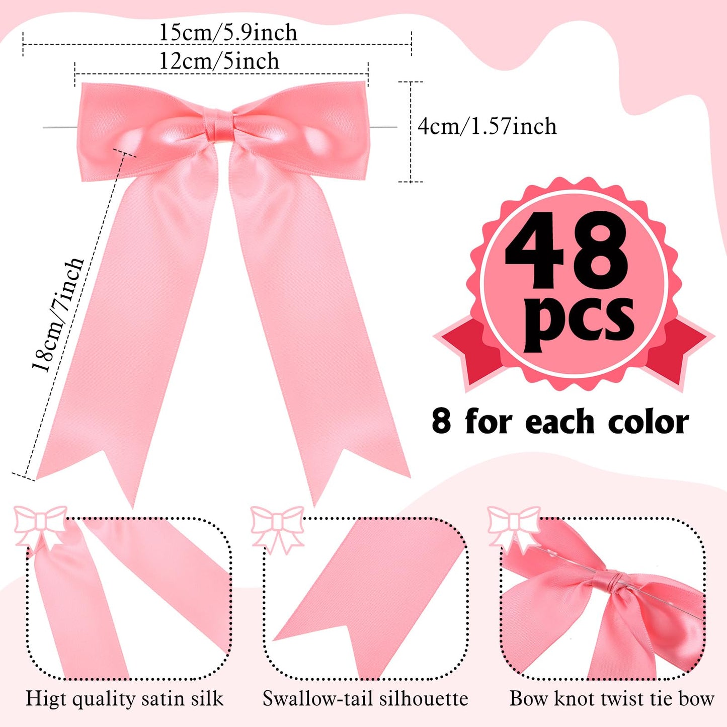 Canlierr 48 Pcs Pastel Tie Bows Satin Ribbon Bows with Twist Tie Craft for Wedding Wall Backdrop Decorations Birthday Wrapping Party Decor (5 x 7 Inch,Pink)