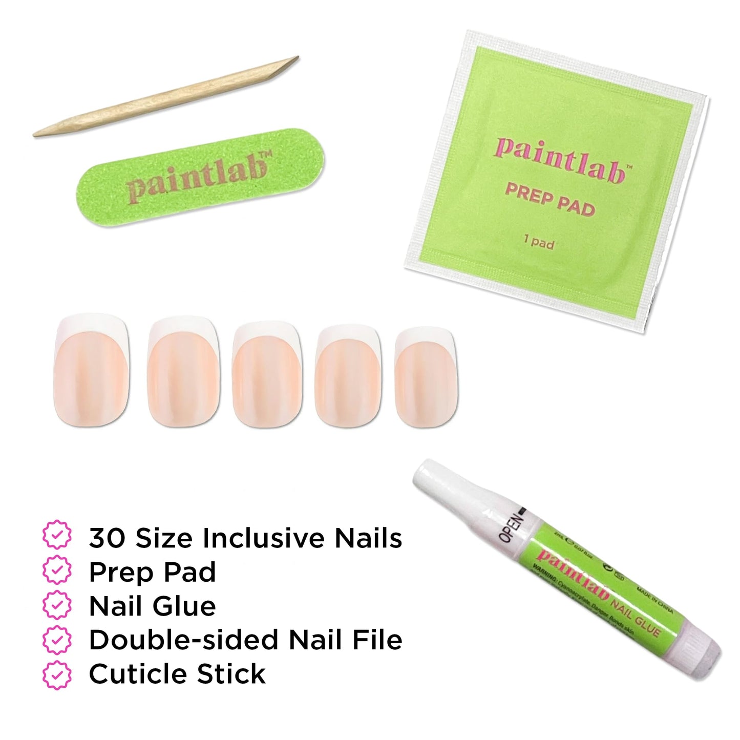 PaintLab Press On Nails - Iconic Frenchie Short Square French Tip Fake Nails, 30 Nails in 15 Sizes with Glue, Reusable Salon Quality Press On Nails