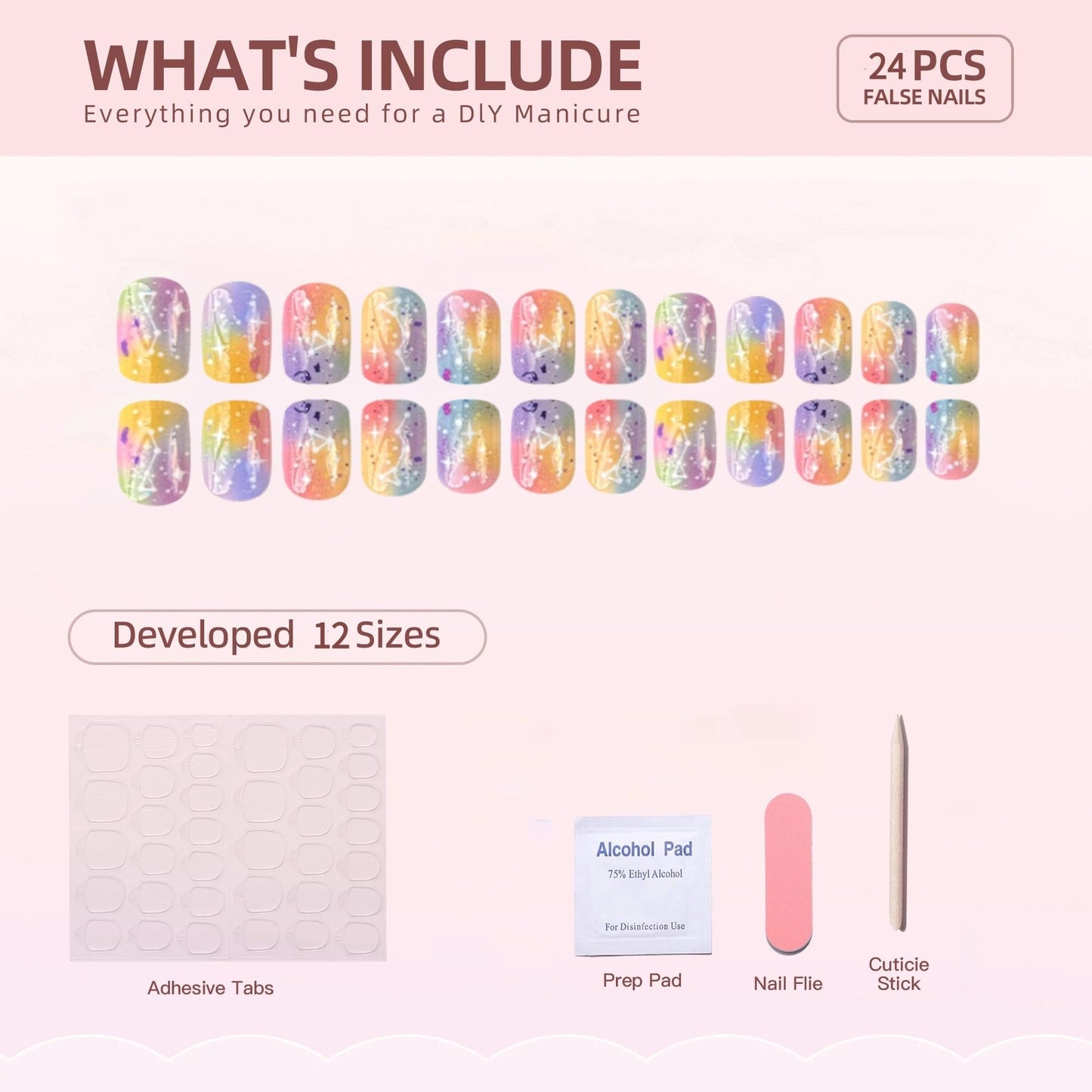 Colorful Press on Nails Short Square Fake Nails Full Cover False Nails with Gradient Designs Acrylic Nails Reusable Glue on Nail for Women 24Pcs