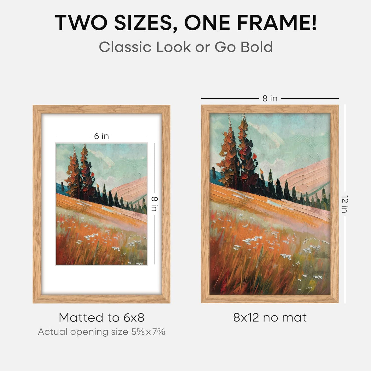 Homeforia 8x12 Picture Frame Wood, High End Natural Oak 8 x 12 Light Wooden Frames with Mat 6 by 8 inch Photo, 8by12 Frame Matted to 6x8 Art, Wall or Tabletop Frame, Tempered Glass, Wall Kit, Set of 1