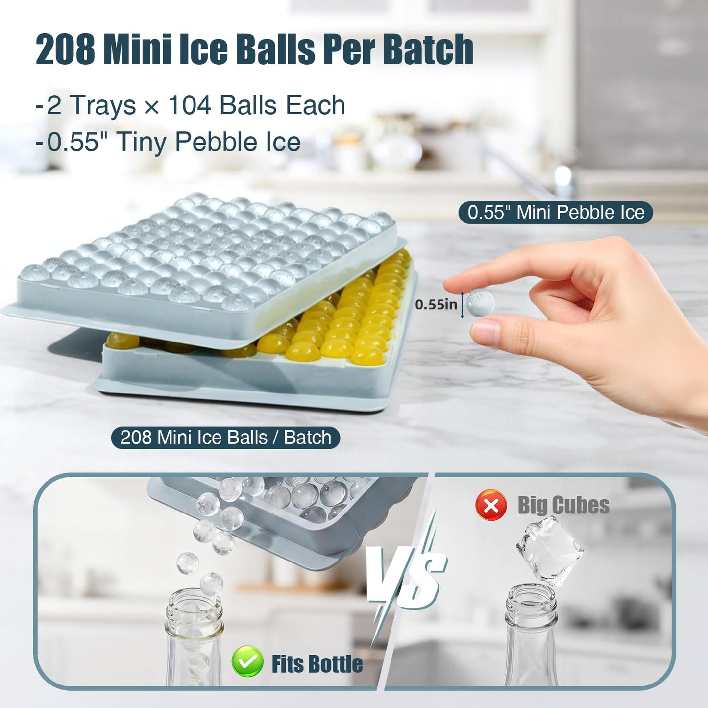 WIBIMEN Mini Ice Cube Trays, 0.55” Tiny Pebble Ice for Iced Coffee & Cocktails, Fast Chill, Easy Twist Release, Stackable with Lid & Storage Bin (2 Pack, Blue)