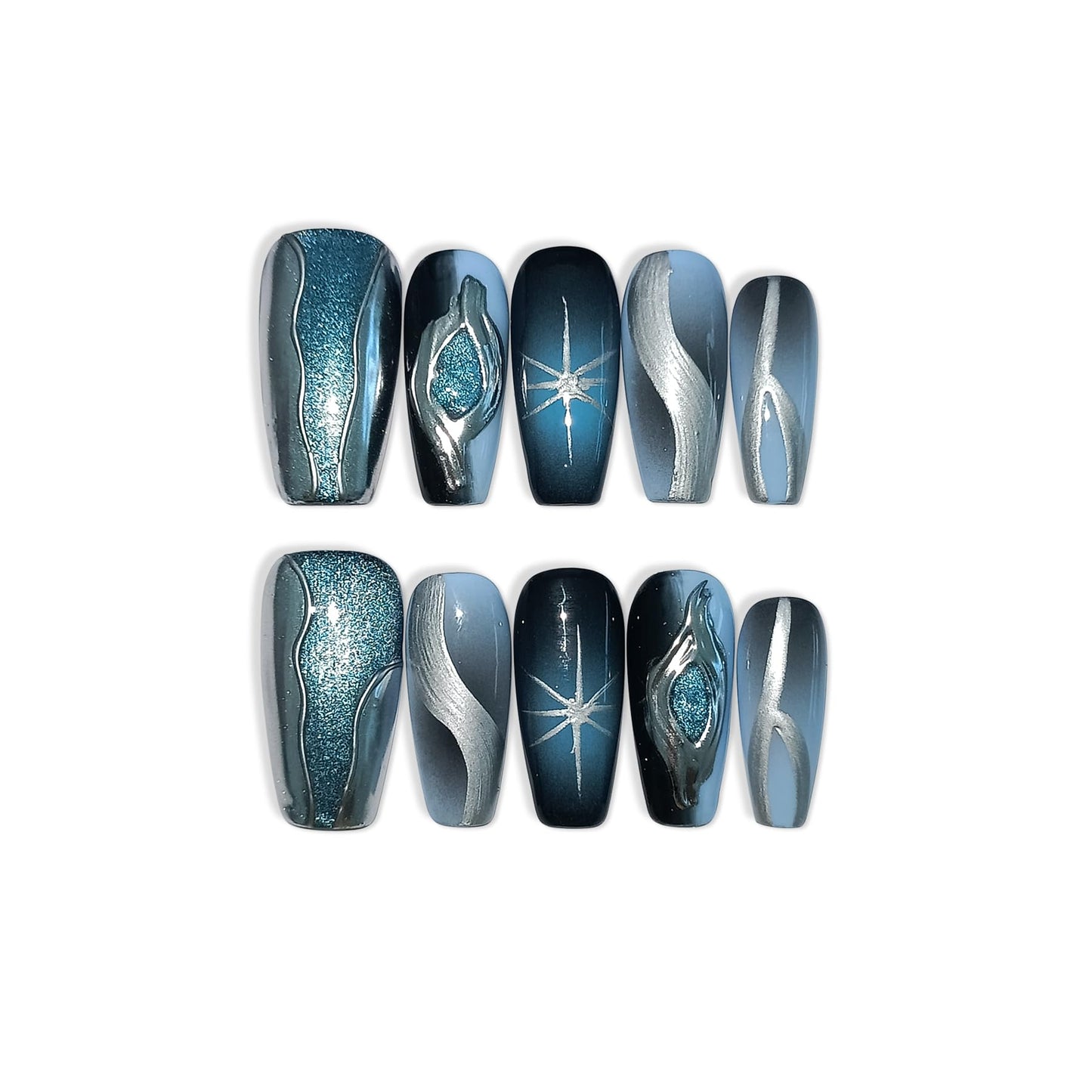 TENPAL Handmade Press On Nails With Tools,Black Blue Ombre 3D Cat Eye Coffin Fake Nails for Women,Glossy Metallic Airbrush Galaxy Designs Glue on Nails,Chrome Relief Punk Acrylic Nails 10pcs(S)