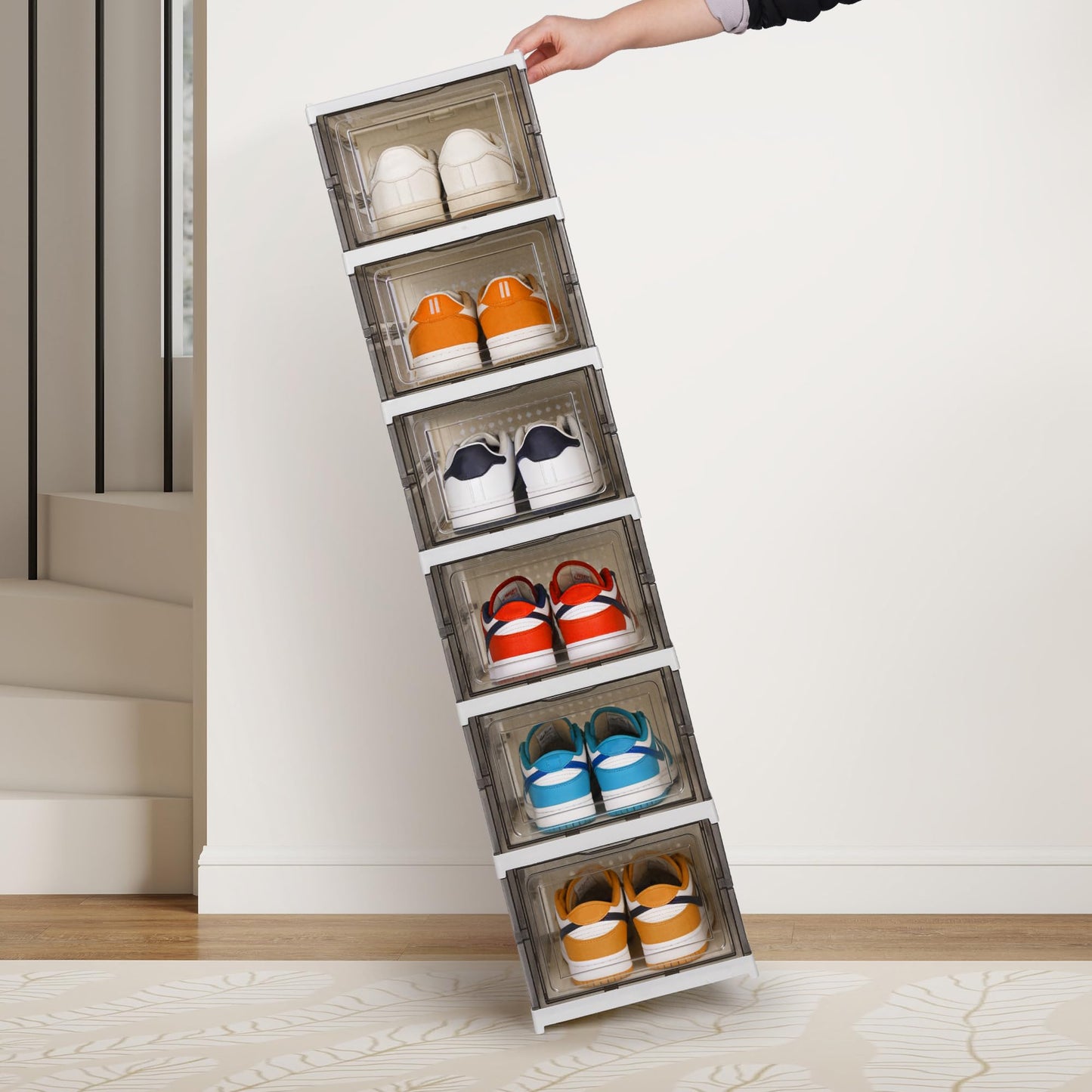 LQCHETOU Shoe Storage Box, No-Assembly 3 Tiers Foldable Shoe Organizer with Clear Door, Space-saving Shoe Rack，Sturdy Clear Plastic Stackable Sneaker Containe, Foldable shoe rack (grey, 3-Tier)