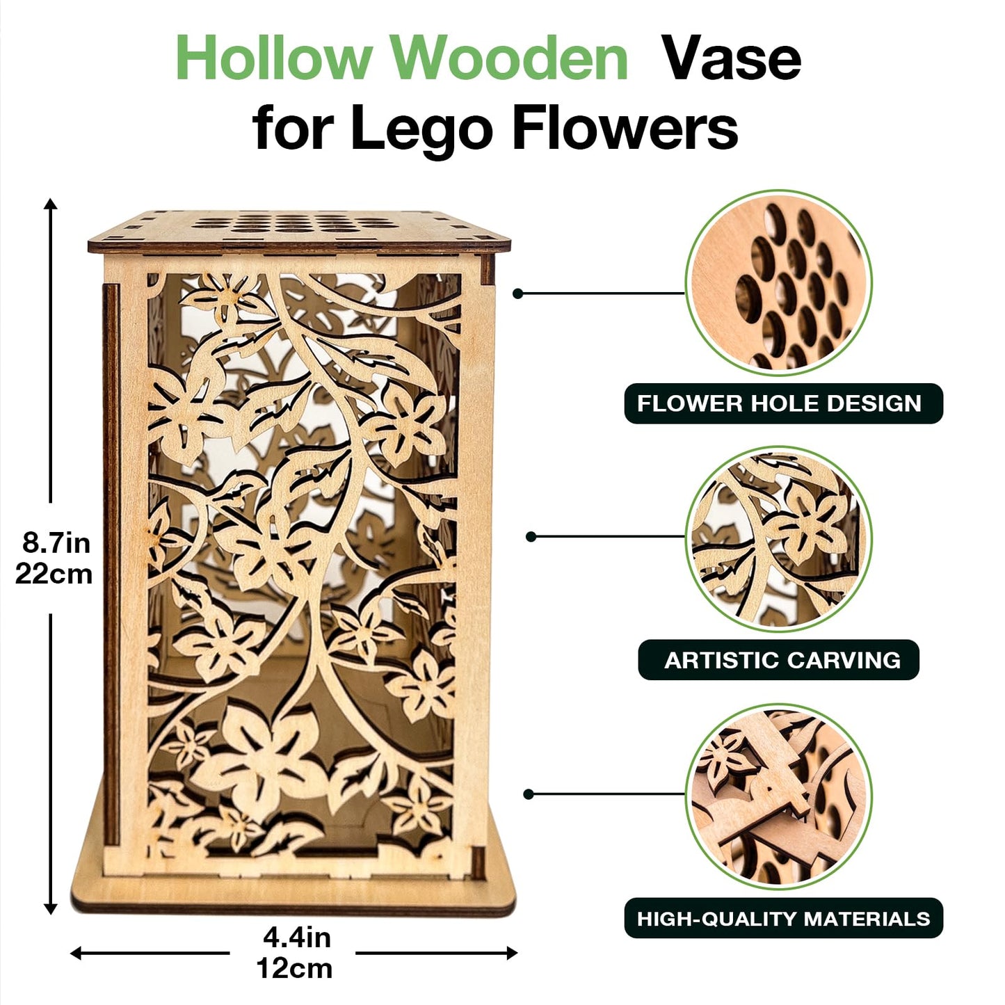 Wooden Vase for Lego Flowers, Display Stand for Lego Flower, Cool Artistic Carving Vase with Hollow Flower Pattern for Flower Lovers (Wood)