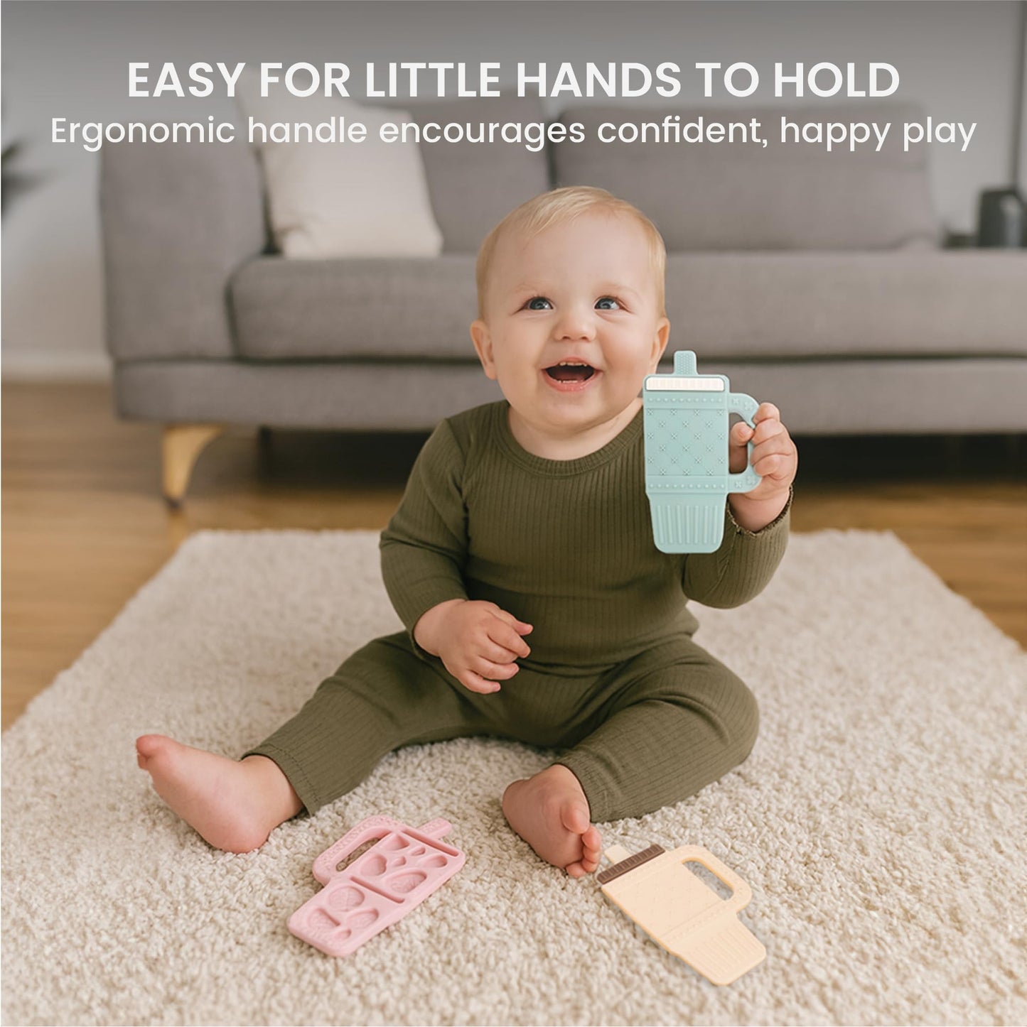 Lulyboo Sip & Soothe Silicone Teether 3 Pack - Food-Grade Soft Silicone, Textured Fruit-Shaped Teething Toys with Easy-Grip Handles for Sensory Development, Soothing Relief, Portable & Easy Clean