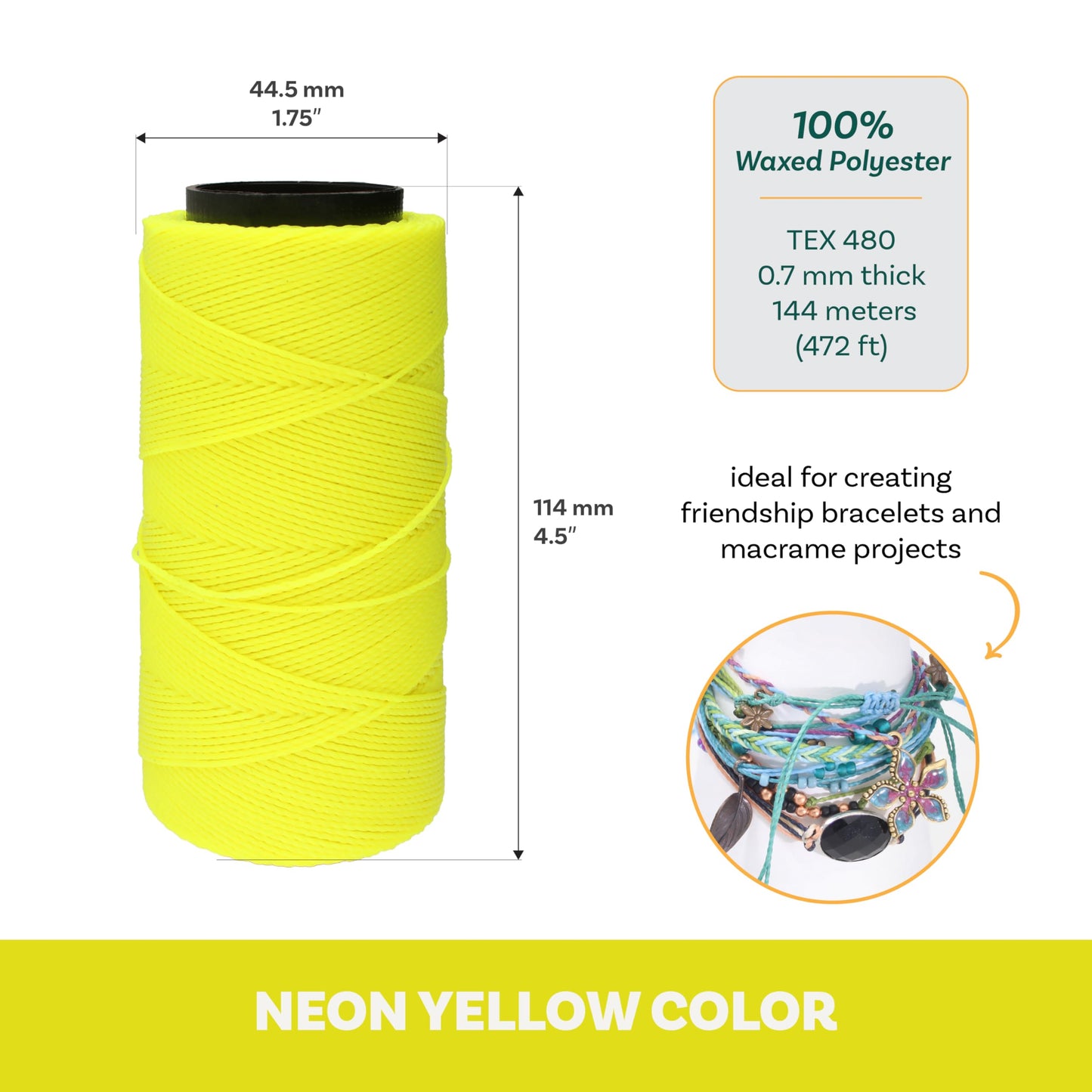The Beadsmith Knot It Waxed Polyester Cord – Neon Yellow Color – 0.7mm Diameter – Light Wax, 144 Meters (472 Feet) Per Spool – Make Jewelry, Macrame, Friendship Bracelets and DIY Crafts