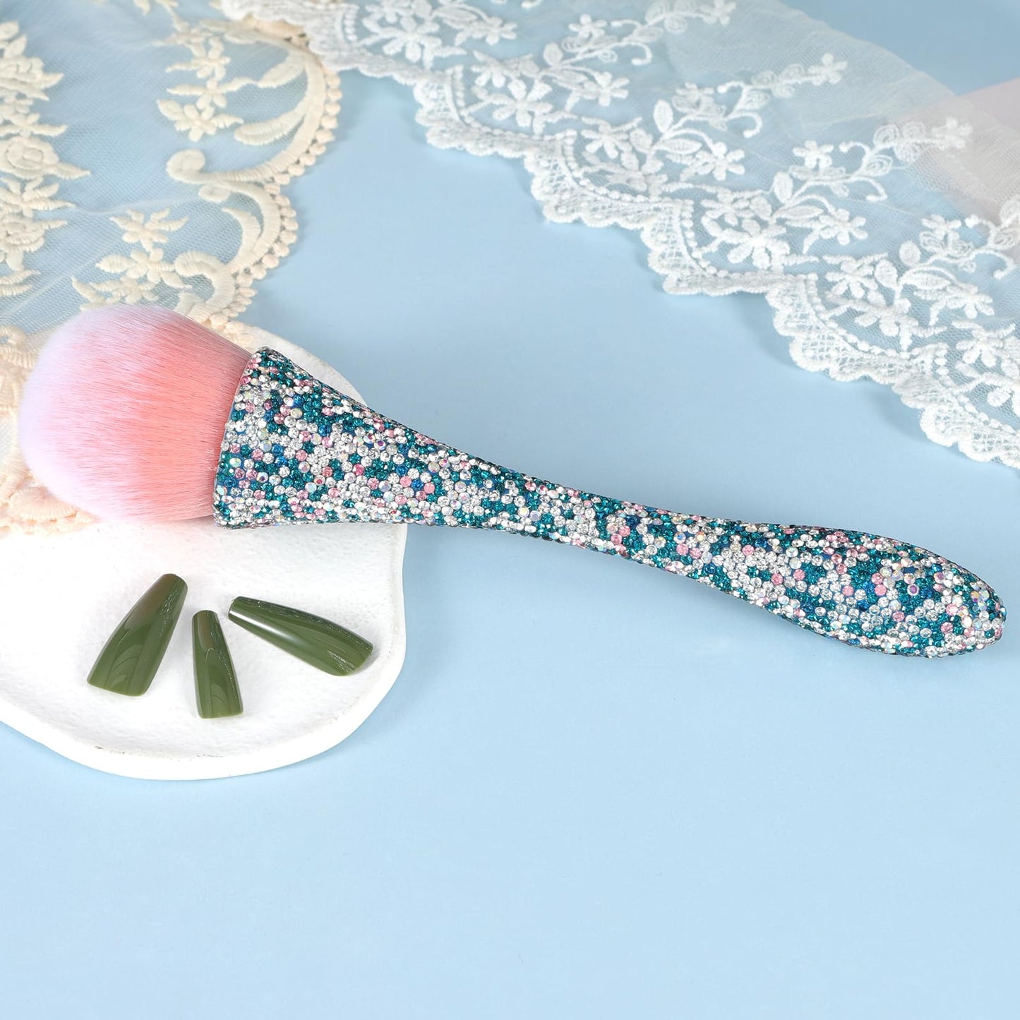 SILPECWEE 1pc Nail Art Dust Brushes For Acrylic Nails Pink Shiny Rhinestone Fluffy Powder Brush Loose Face Cosmetics Blending Liquid Foundation Powder Make Up Brushes Nail Cleaning Tools