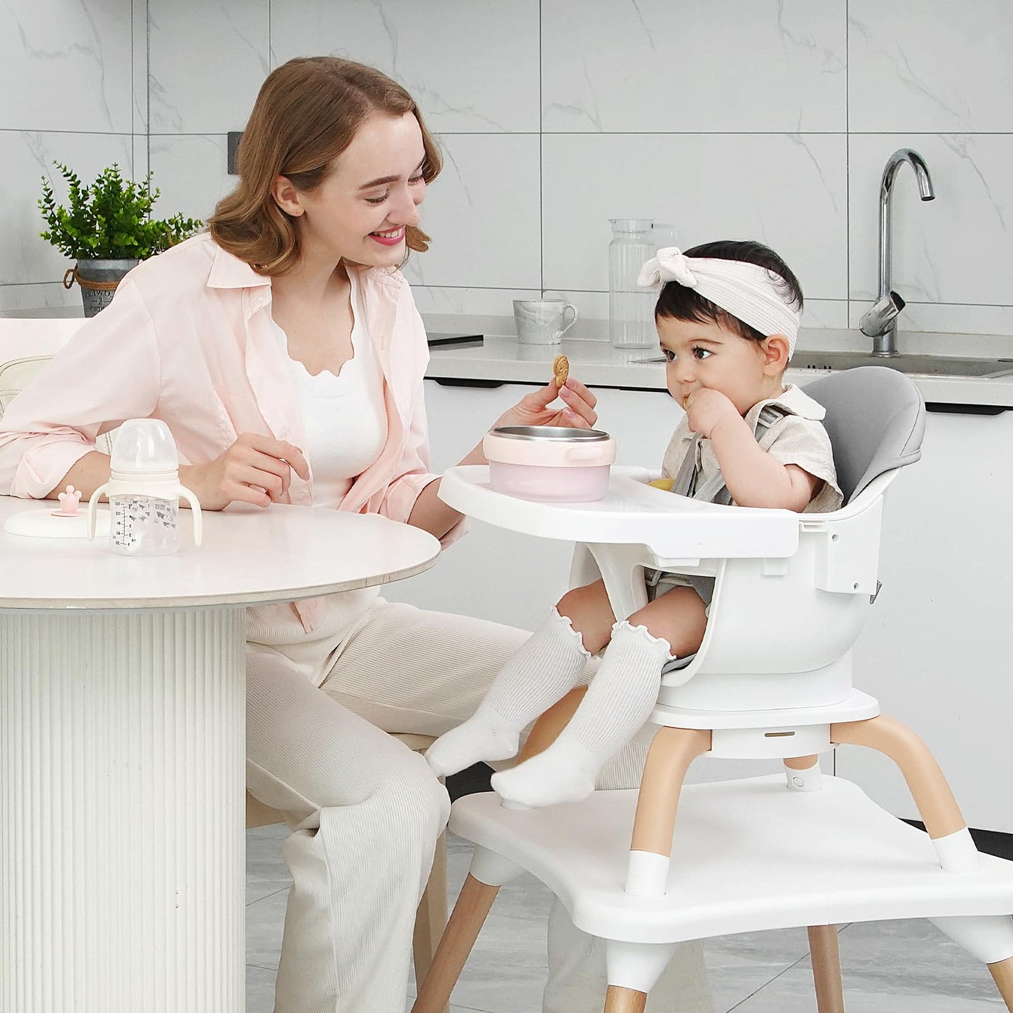 Komcot Baby High Chair, 7 in 1 Convertible High Chairs for Babies and Toddlers, Kids Learning Table, Building Block Table, Toddler Dining Chair with 360° Rotating Seat, 5-Point Safety Harness (Grey)