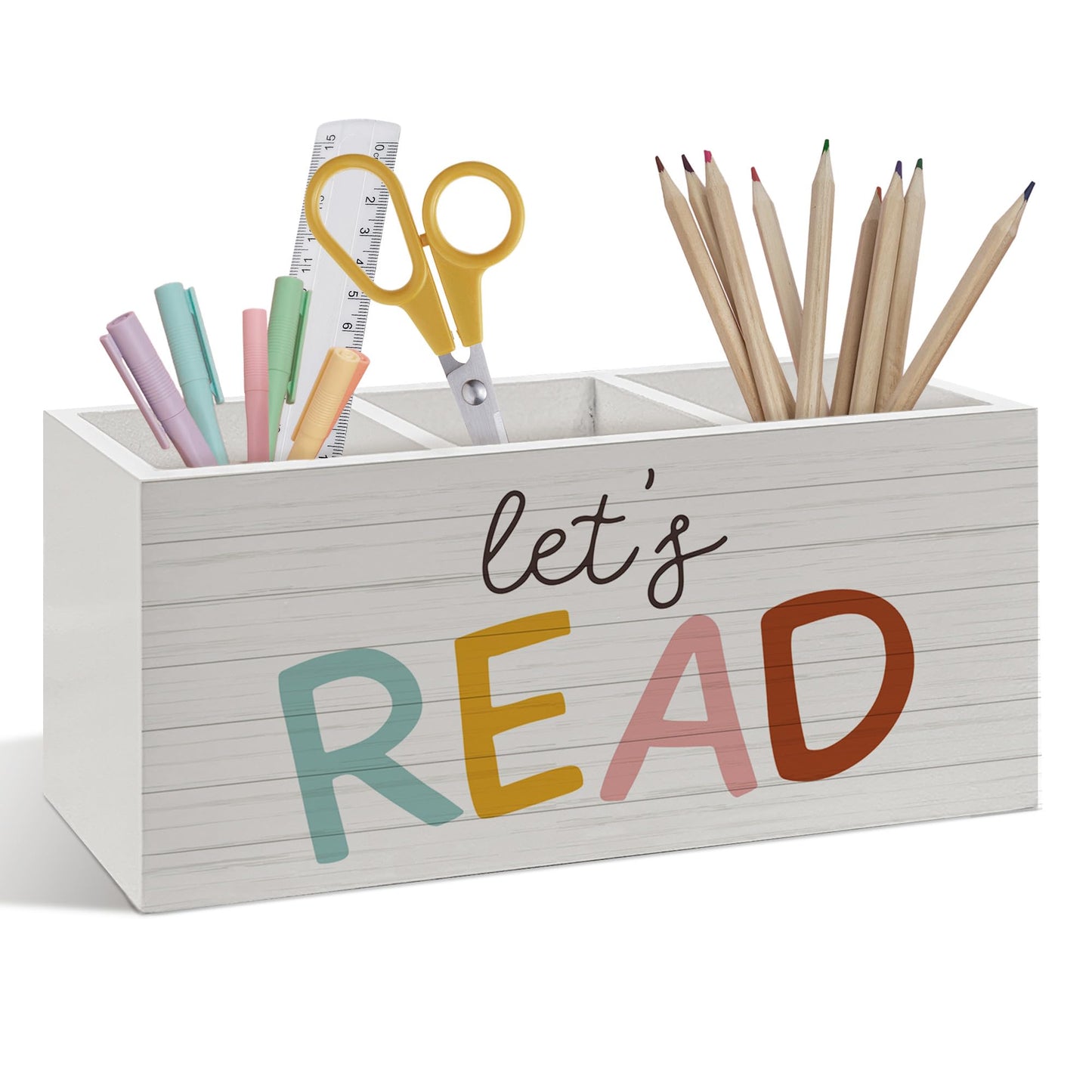 Foyoulame Book Lovers Gifts Pen Pencil Holder, Book Reader Gifts, Boho Desk Accessories, Let's Read Wooden Pen Pencil Organizer for Reading Room Corner Nook Classroom Library Desk Decor