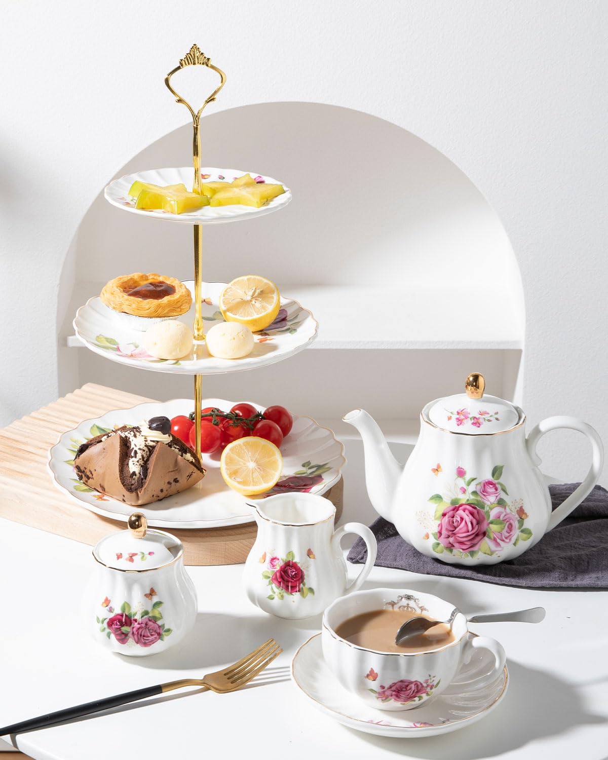 Sweejar 3 Tier Ceramic Cake Stand Wedding, Dessert Cupcake Stand for Tea Party Serving Platter (Fresh Flower)