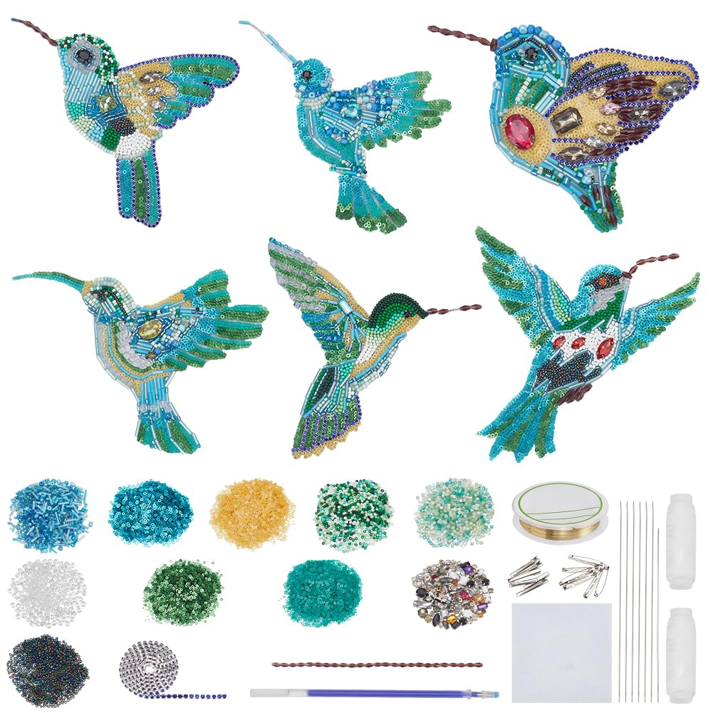 WEBEEDY 6 Sets DIY Hummingbird Rhinestone Beaded Patch Kit Bird Brooch Pin Hair Barrette Making,Sequin Beaded Patches Sew on Crystal Beaded Appliques Patch for Spring Clothes Shoes Sewing Patchworks