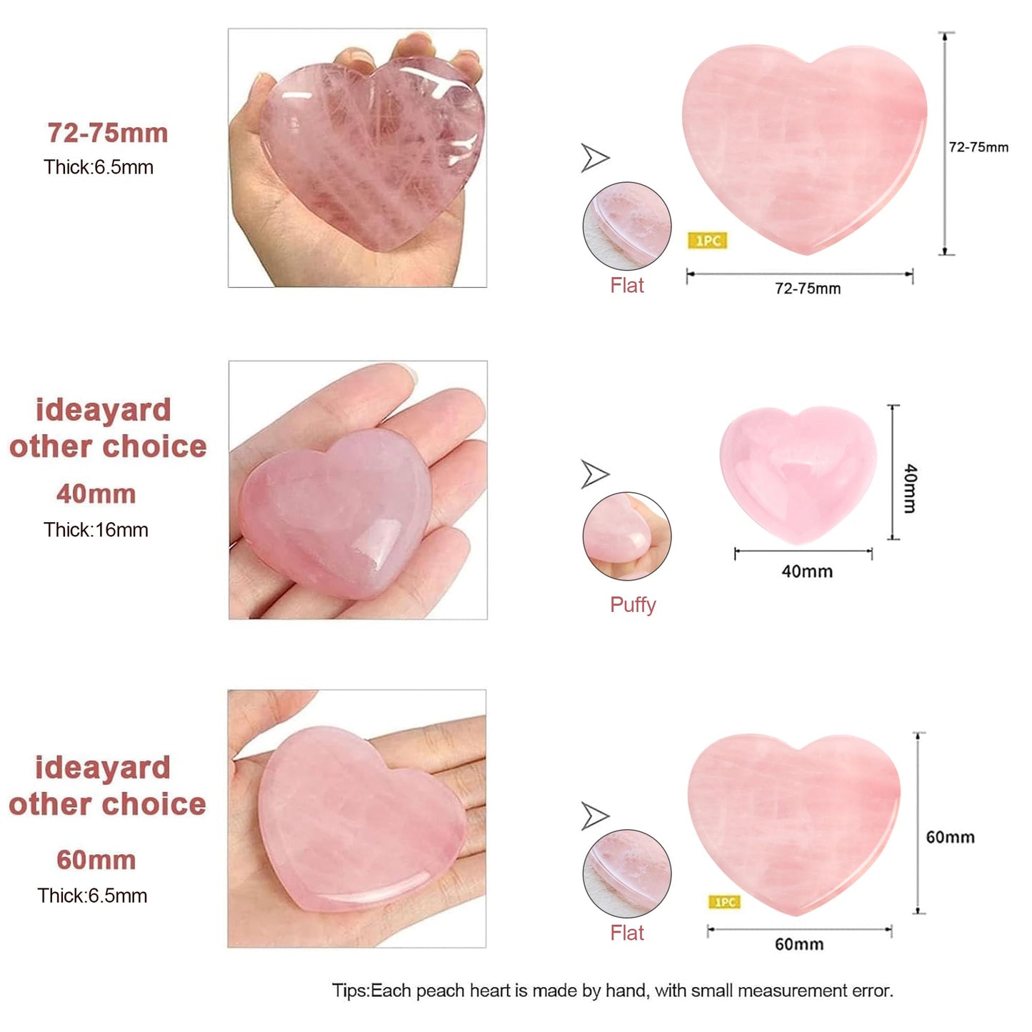 ideayard Big Rose Quartz Heart 72-75mm Love Healing Crystal Meditation Palm Stone Quartz Worry Stone for Relieve Anxiety Stress Tool