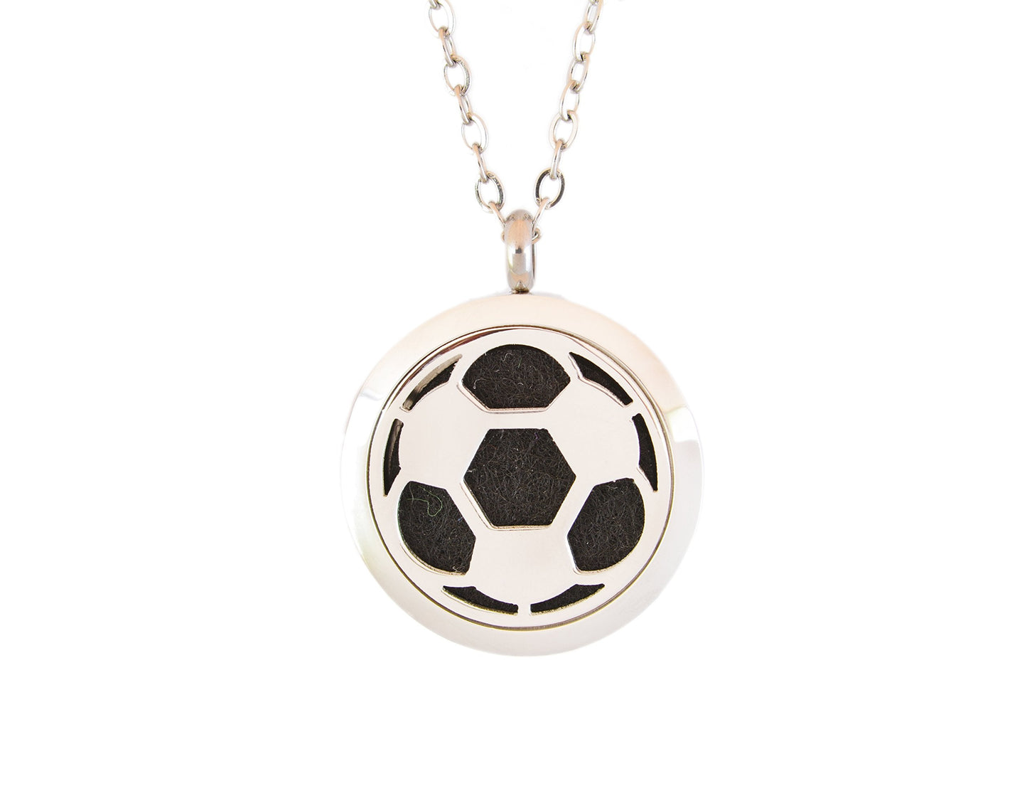 Aromatherapy Essential Oil Diffuser Stainless Steel 30MM Silver Magnetic Locket Pendant with Chain Necklace and Colored Refill Pads & Diffuser Bracelet All in a Velvet Bag (Soccer)