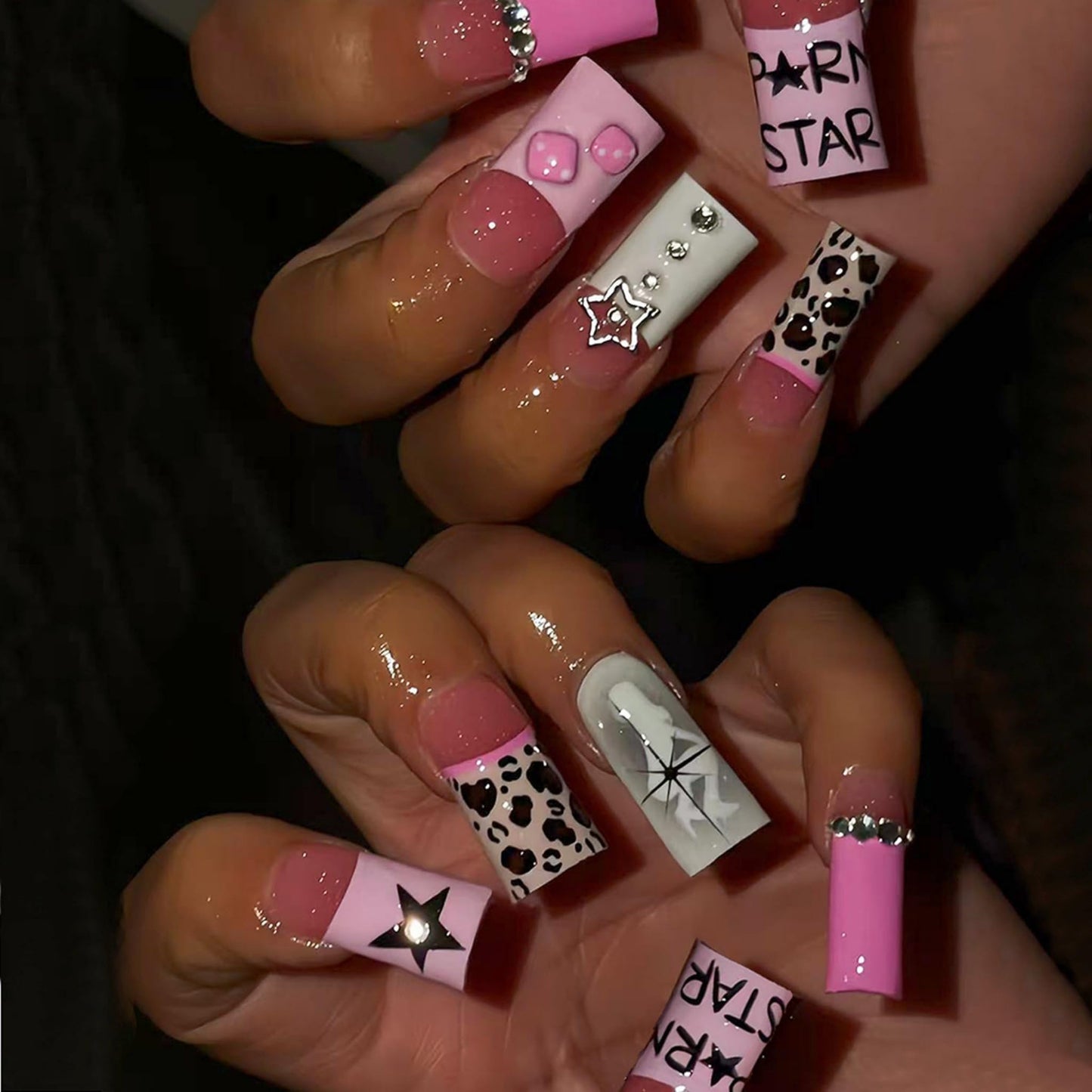 Long Press on Nails Square Fake Nails Pink Acrylic Nail Press Ons Seeneey Stars Designs Y2K Stick on Nail for Women 24pcs