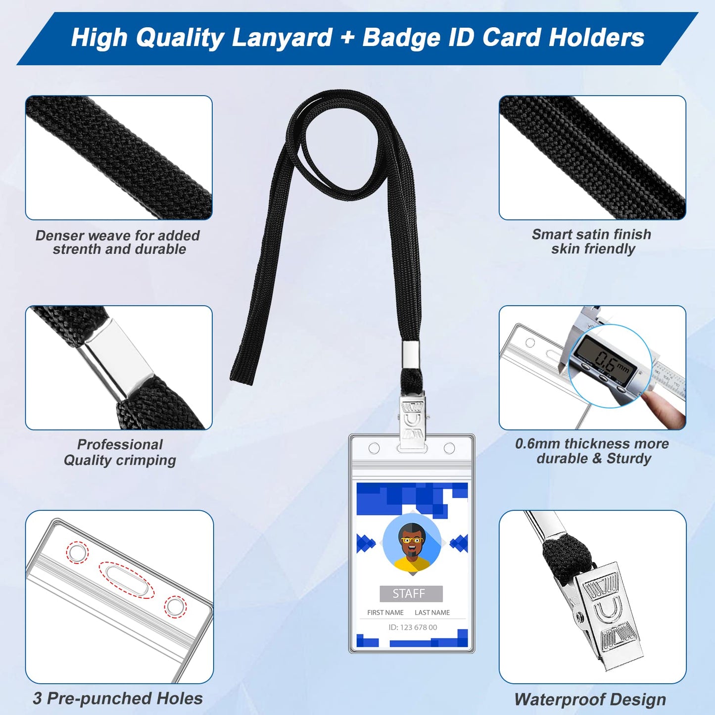 100 Sets Lanyards for Id Badges and Clear Plastic Vertical Name Badge ID Card Holders, Flat Neck Lanyards with Clip Waterproof Resealable Name Tag Badge ID Card Holders, Black