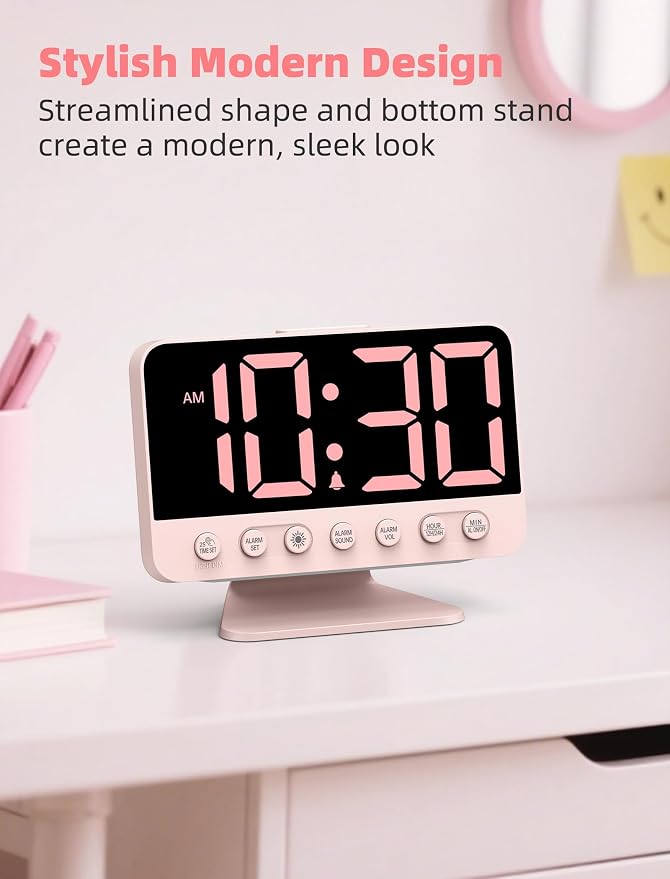 Odokee Digital Alarm Clocks for Bedrooms with Large Bold Number | Pink Alarm Clock with 8 Night Lights & Dimmable Display - Cute Alarm Clock with 5 Sounds for Girls Teens Kids - Sakura Pink
