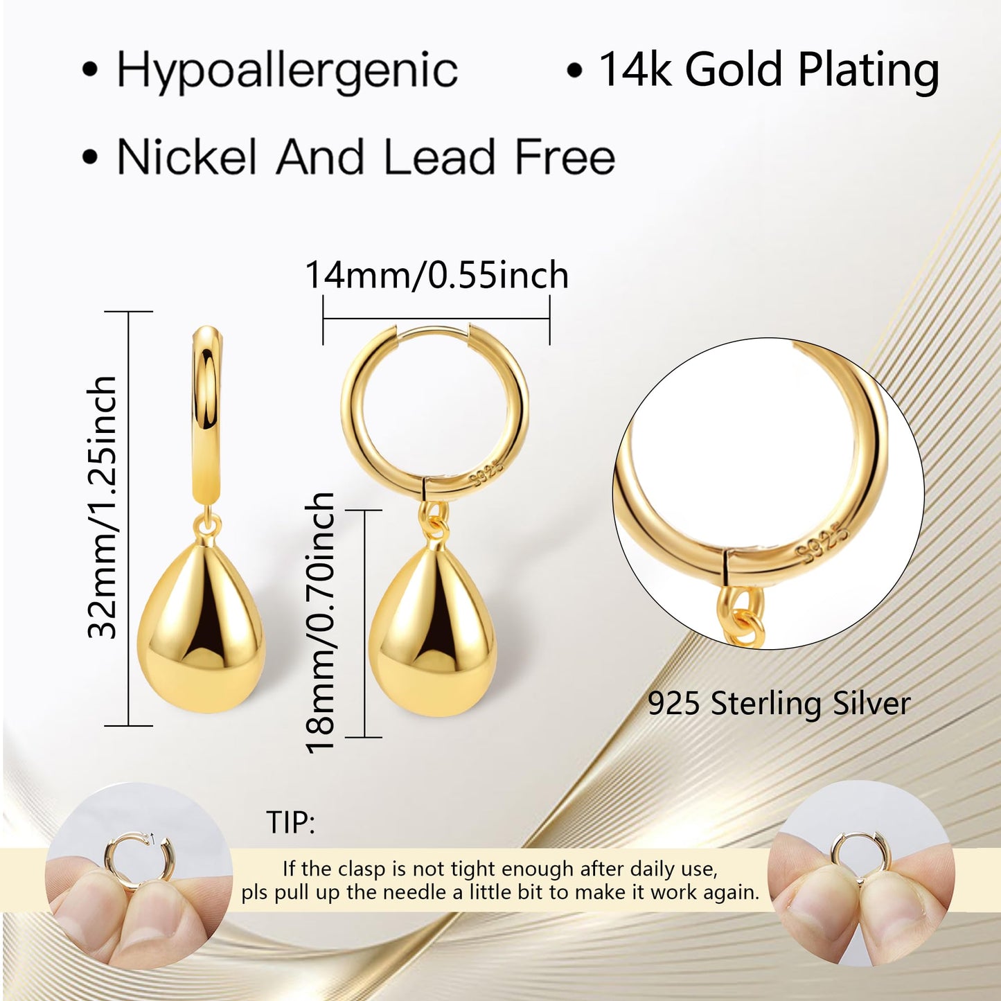 14K Gold Plated S925 Sterling Silver Post Teardrop Dangle Hoop Earrings for Women Gold Dangle Huggie Earrings with Teardrop Hypoallergenic Trendy Earring