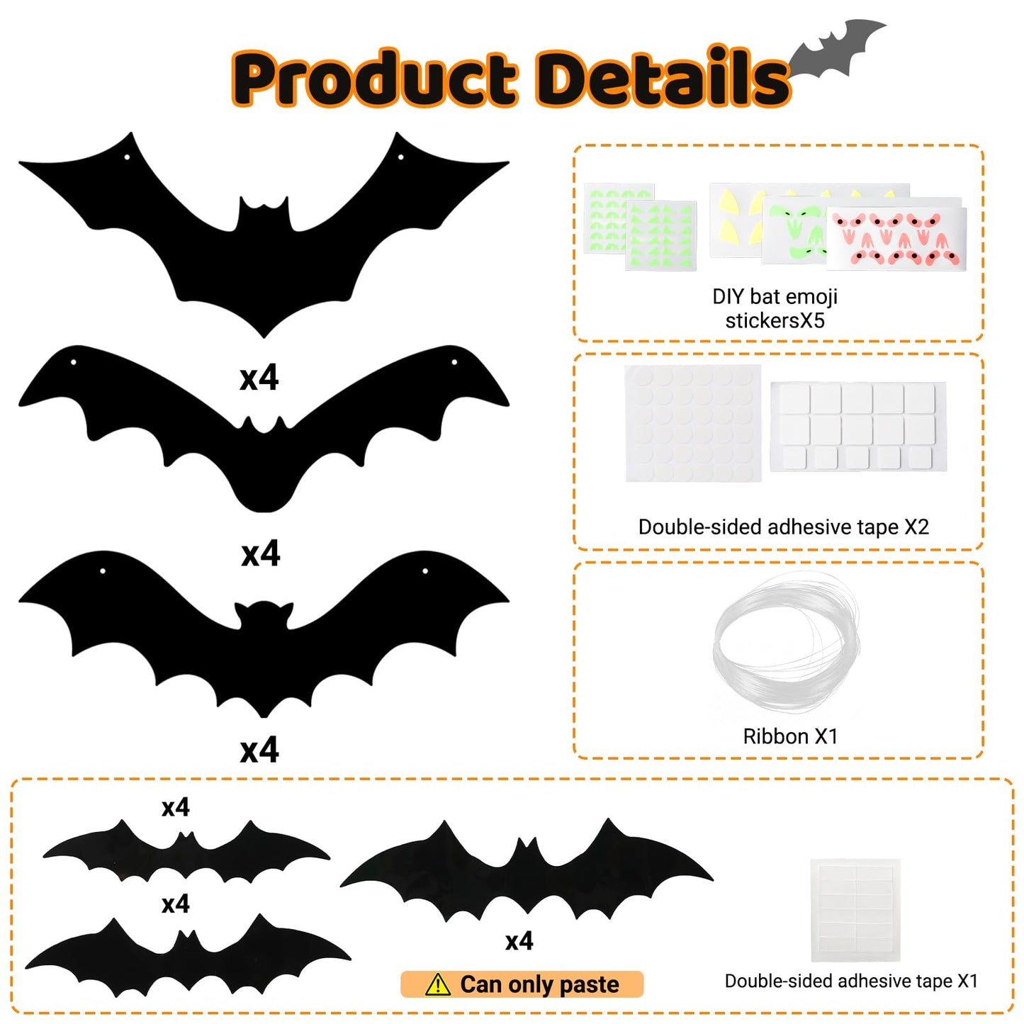 12 Pack Halloween Decorations Hanging Bats - 3 Style Scary Hanging Bat Set with 3D Bats Sticker, Outdoor Scary Flying Bats Set for Yard, Haunted House, Party - Indoor Outdoor Waterproof Decor