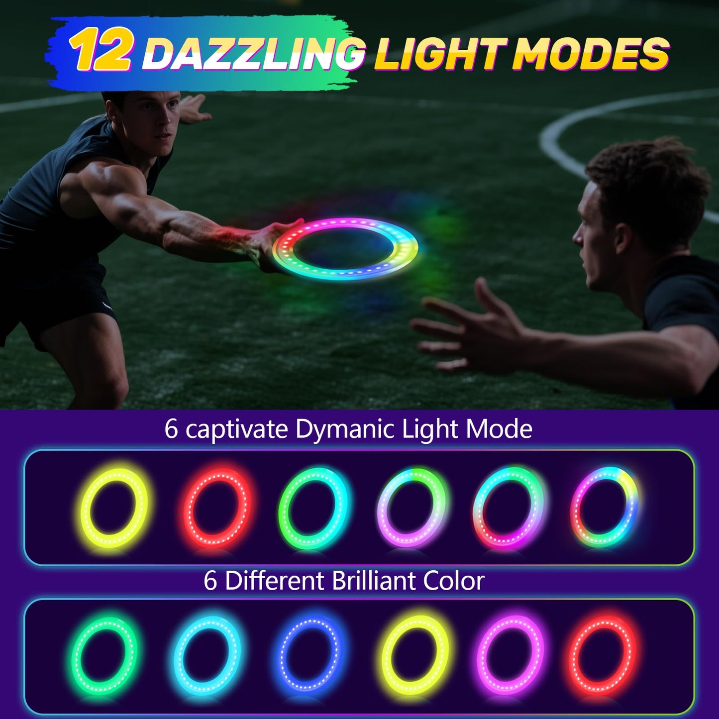 Light up Flying Ring Disc Toy for Kids Adults, 10" Large 12 Dynamic Modes Glow in The Dark Flying Ring, Led Flashing Beach Sport Disc, Outdoor Sport Activities Yard Night Camping, Toss Catch Game