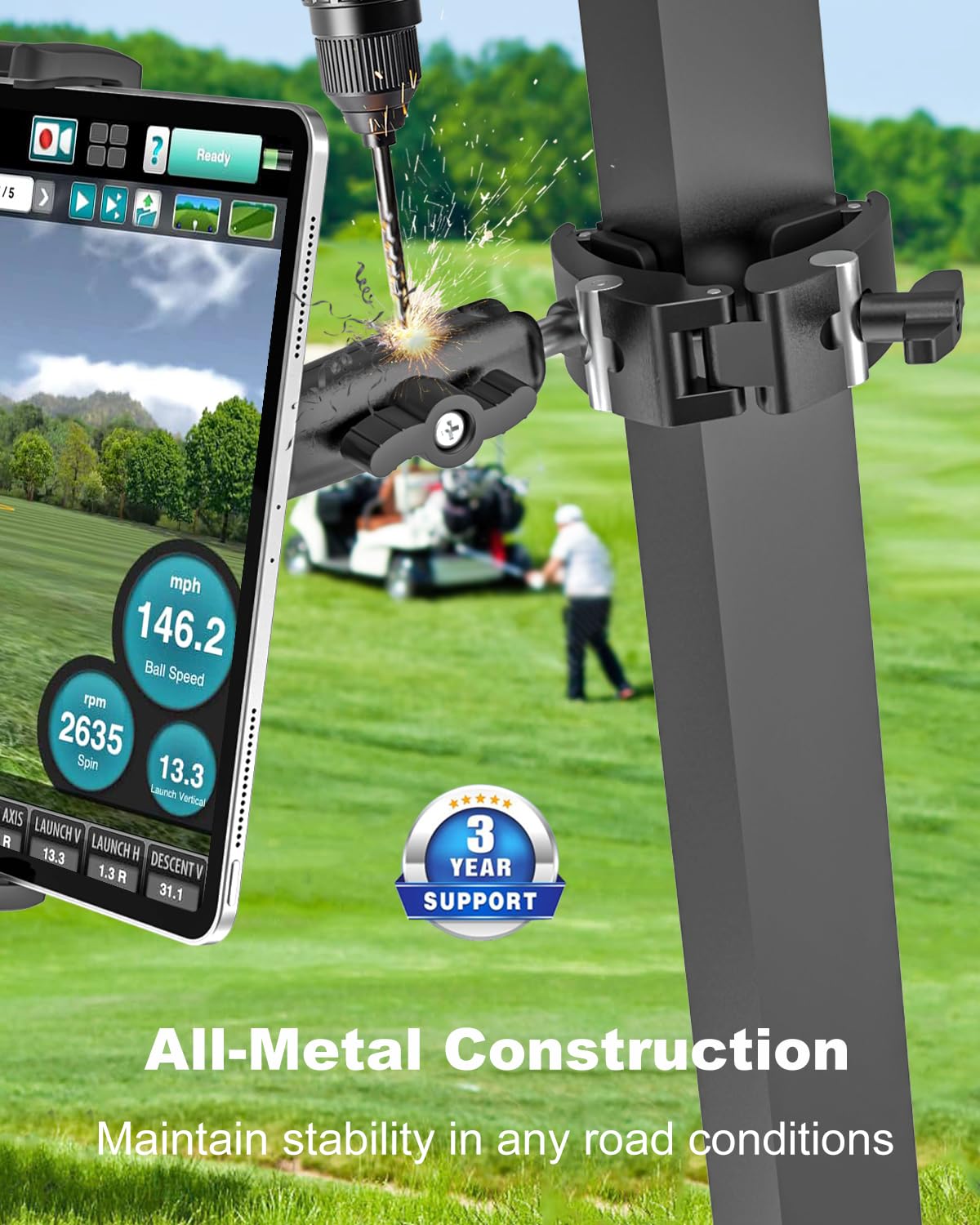 Kolasels Clamp Tablet Holder & iPad Clip for Square and Round Tubes, Heavy Duty Metal Tablet Mount for Golf Carts, Tractor, Excavator, Bulldozer, Loader, Crane, Forklift, Boat, Fit for 4-13" Devices