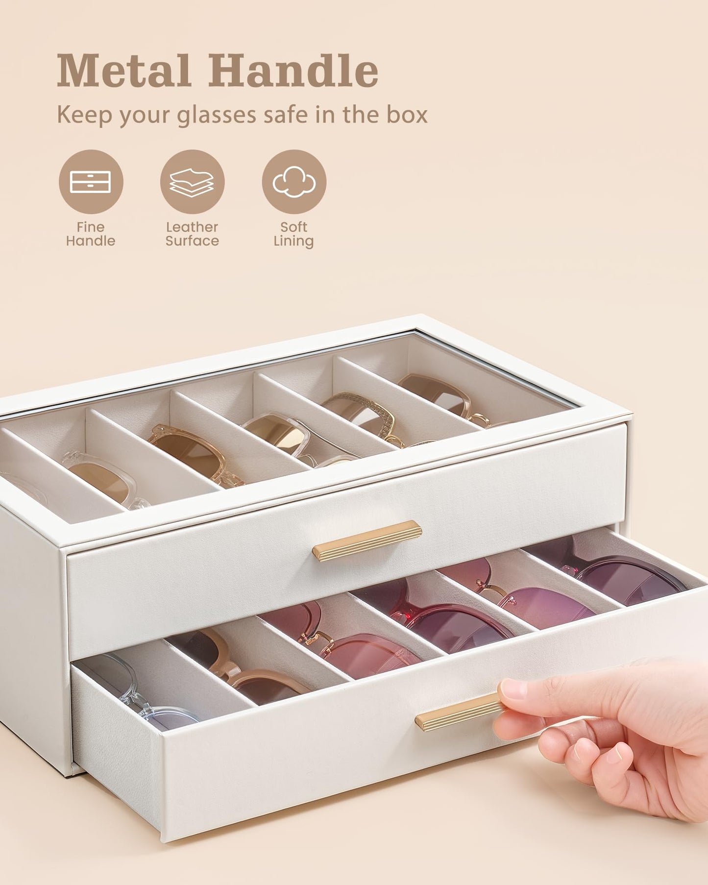 Lolalet 12 Slots 2-Layer Sunglasses Storage Box for Women, Eyewear Eye Glass Sunglass Organizer with Clear Top Lid Display Holder Case for Eyeglass Watch Jewelry, Mothers Day Gifts -Beige