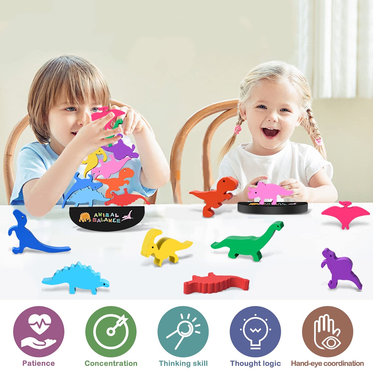 FFTROC Montessori Dinosaur Toys for 2 3 4 Year Old Boys - Wooden Stacking Dinosaur Toys for Kids 2-4 3-5, Toddler Balancing Block Sets