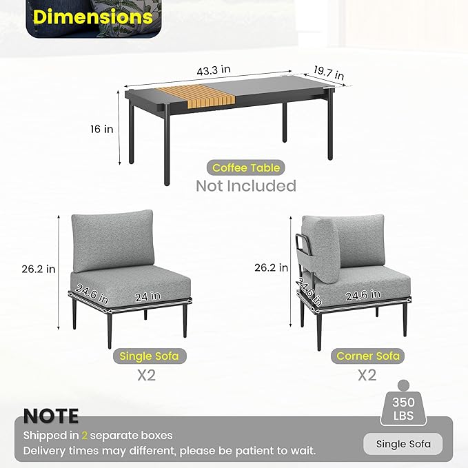 Sundale Outdoor 4 Pieces Patio Furniture Set, Metal Sectional Sofa Patio Conversation Set with 6 Inch Cushions, Modern Patio Corner Couch for Balcony, Porch, Sunroom | Modular, Waterproof, Anti rust