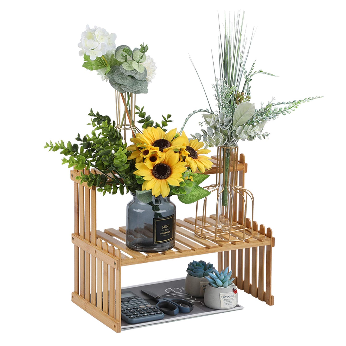 GURECOD 14.6"/18.5" 2 Tiers Bamboo Plant Stand Shelf,Desk Flower Pot Holder,Adjustable Desktop Shelf Display Organizer Ladder Rack for Office Decorate Storage Rack,Kitchen Rack (14.6" Length)