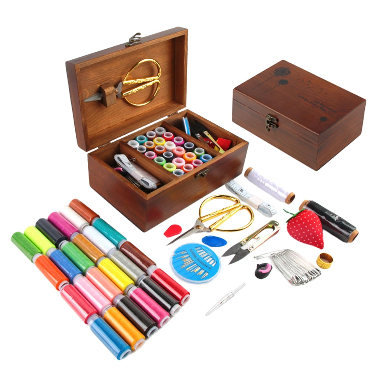 Mother's Day Gift Sewing Kit for Adults Wooden Sewing Box with Thread Scissors Thimble Needle Cushion Seam Ripper Retro Wooden Sewing Basket Sewing Supplies for Beginners